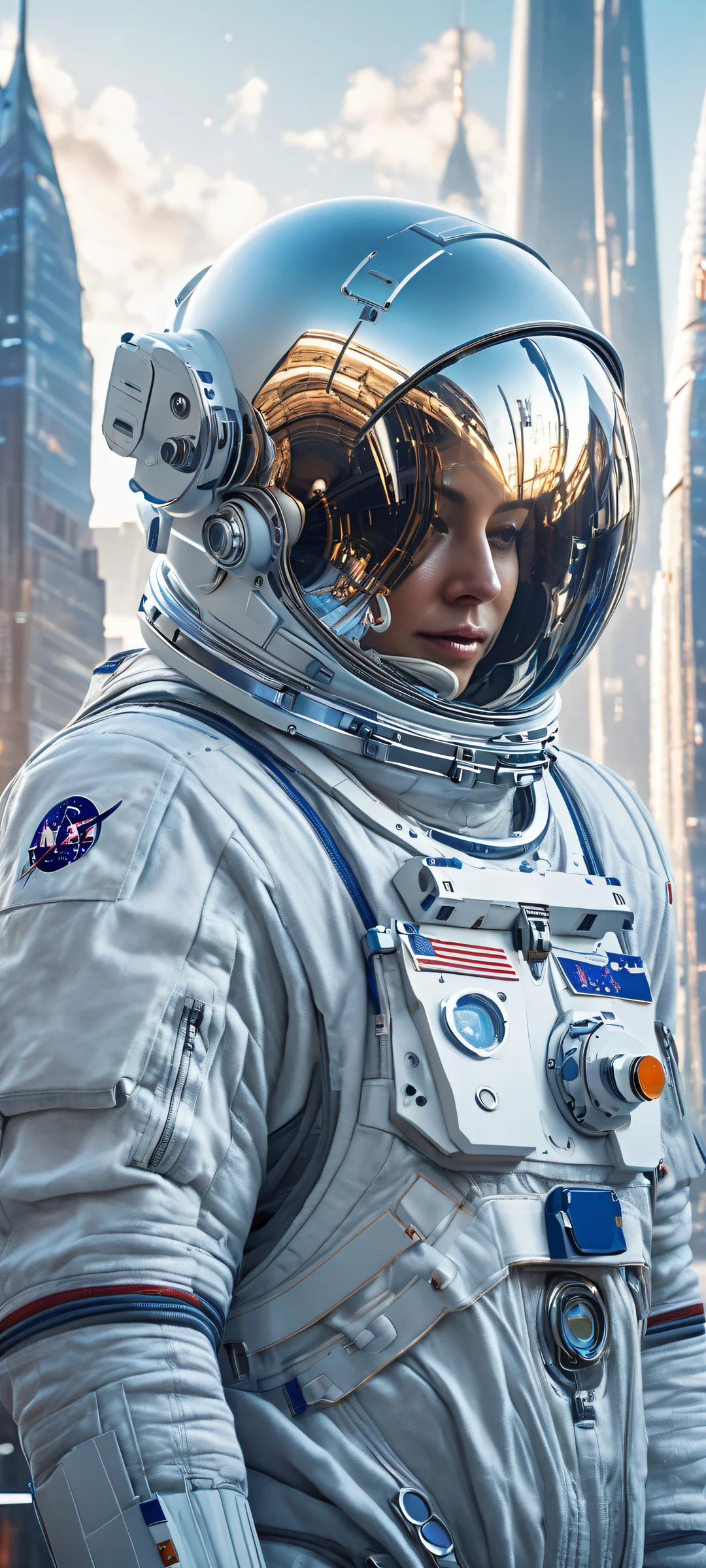 iPhone/Android users will be transported to a futuristic cityscape with neon lights and haze while an astronaut's portrait adorns the lower middle of this stunning digital art piece.