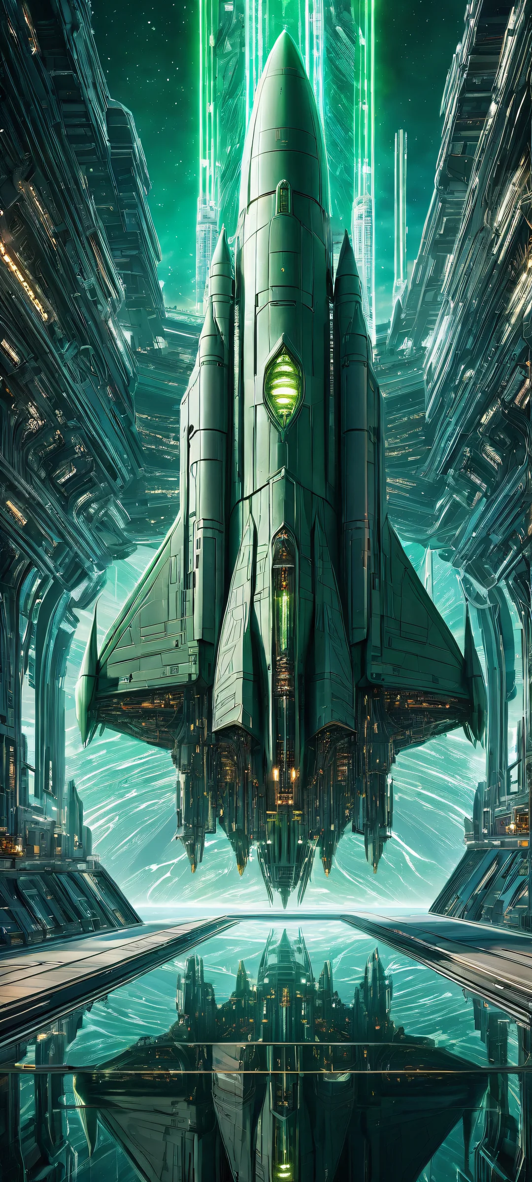 Majestic spaceship with intricate details and ethereal lighting on a pure void background, Perfectamente optimizado para pantallas de inicio de iPhone/Android..