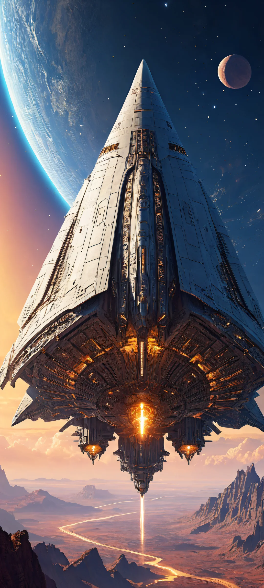 Majestic spaceship soaring through a starry expanse on an iPhone or Android device.