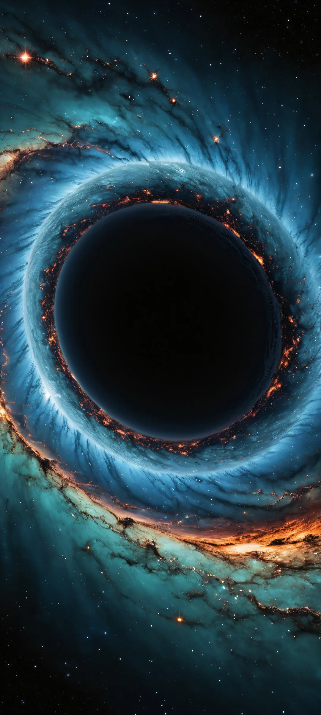 A stunning vertical portrait of a supermassive black hole surrounded by intricate micro-details of a planet's orbit, perfekt optimiert für iPhone- und Android-Startbildschirme.