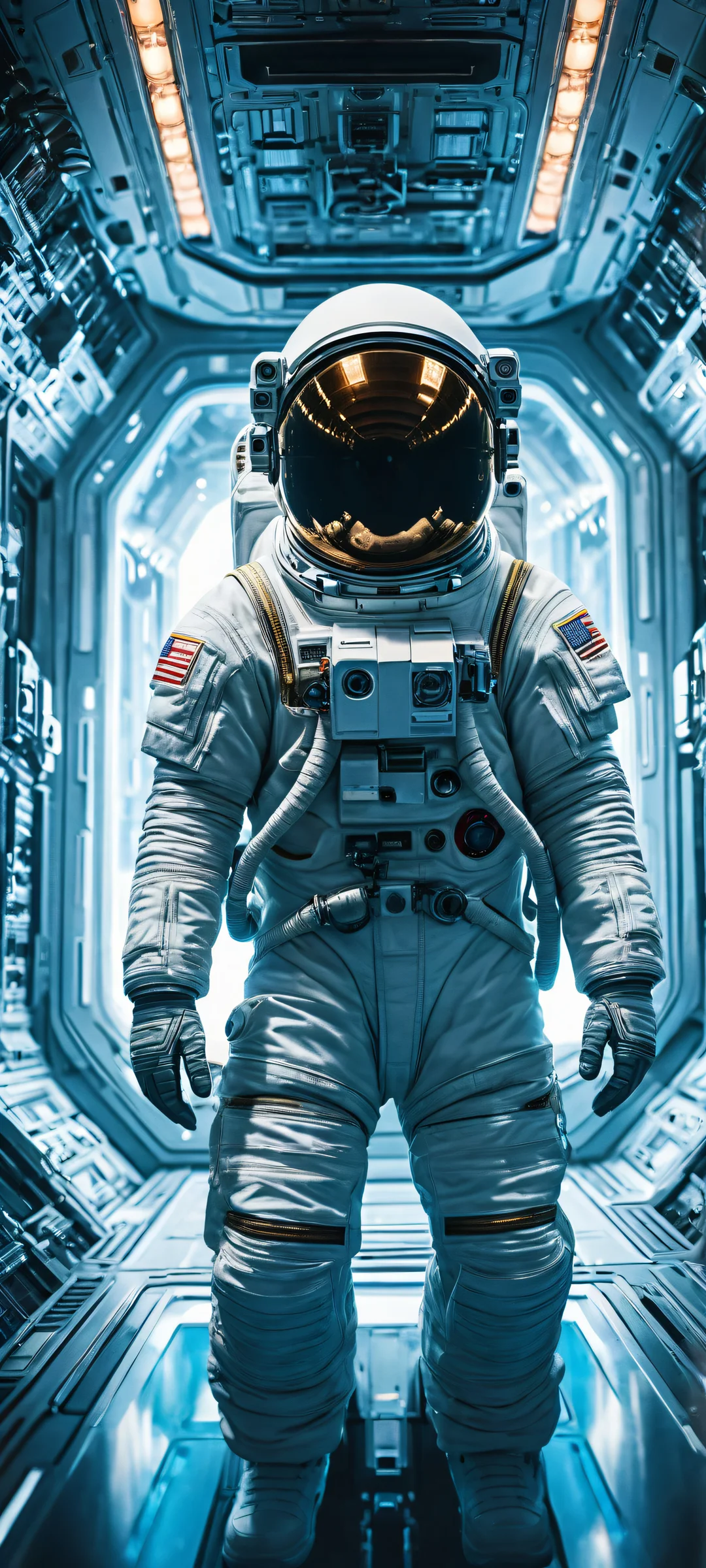 Ethereal astronaut in a futuristic spacecraft on an iPhone/Android home screen.