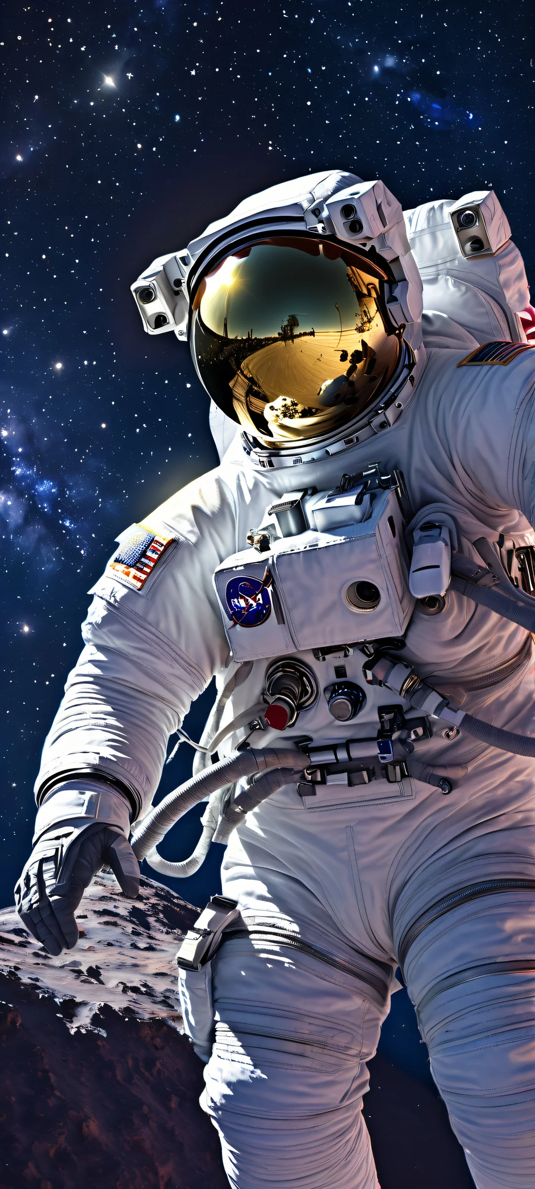 Astronaut in spacewalk with intricate details and starry universe at the bottom. Perfectly optimized for iPhone/Android home screens.
