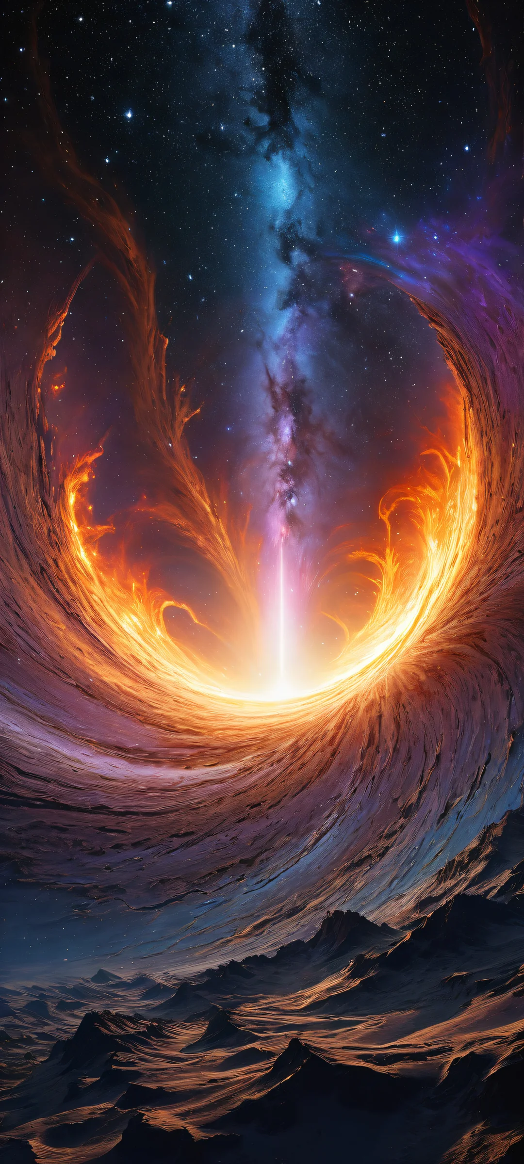 Cosmic Odyssey Aesthetic Phone Wallpaper iPhone and Android wallpapers featuring a stunning Supermassive Black Hole artwork with intricate details of swirling space matter and starlight.
