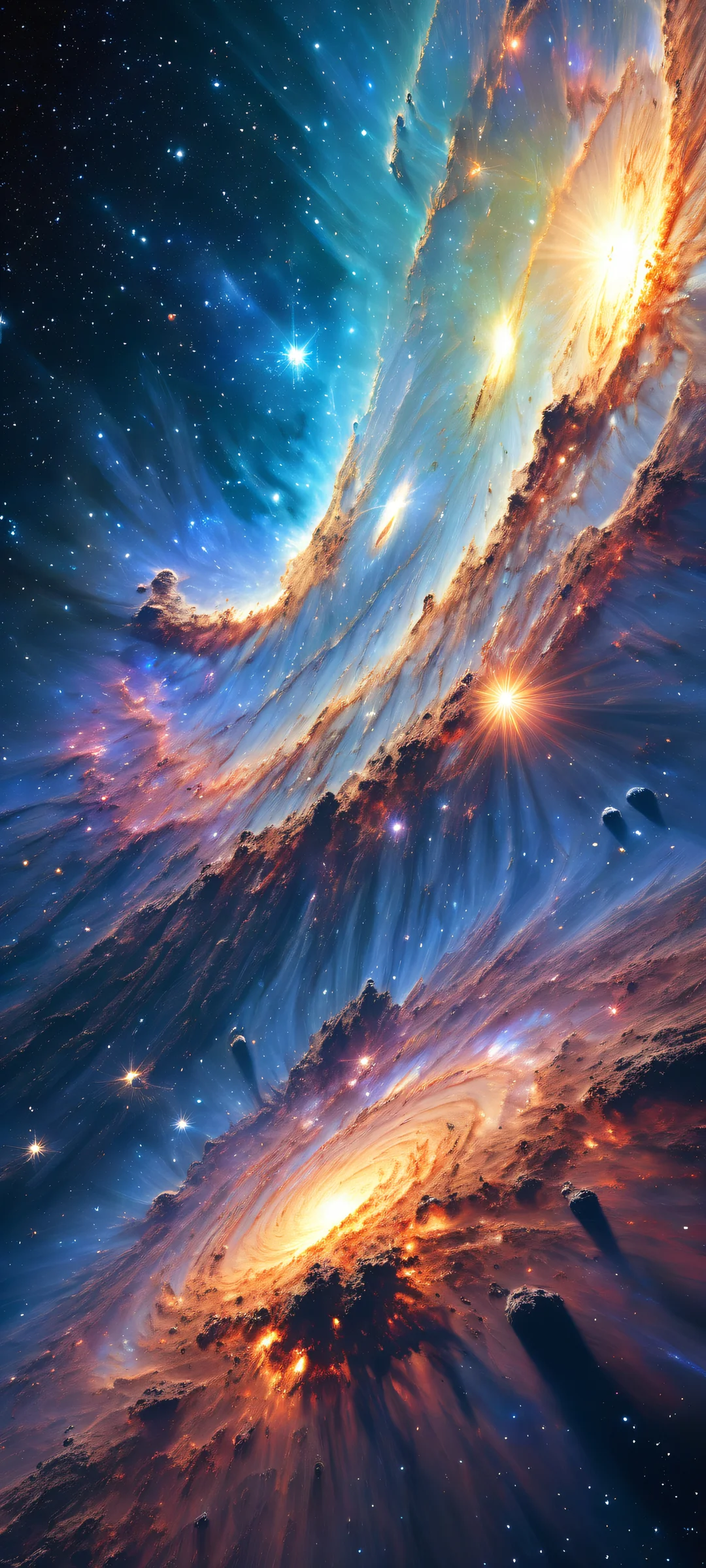 Breathtaking vertical portrait artwork of iridescent celestial bodies on a black background. Perfectly optimized for iPhone and Android home screens.