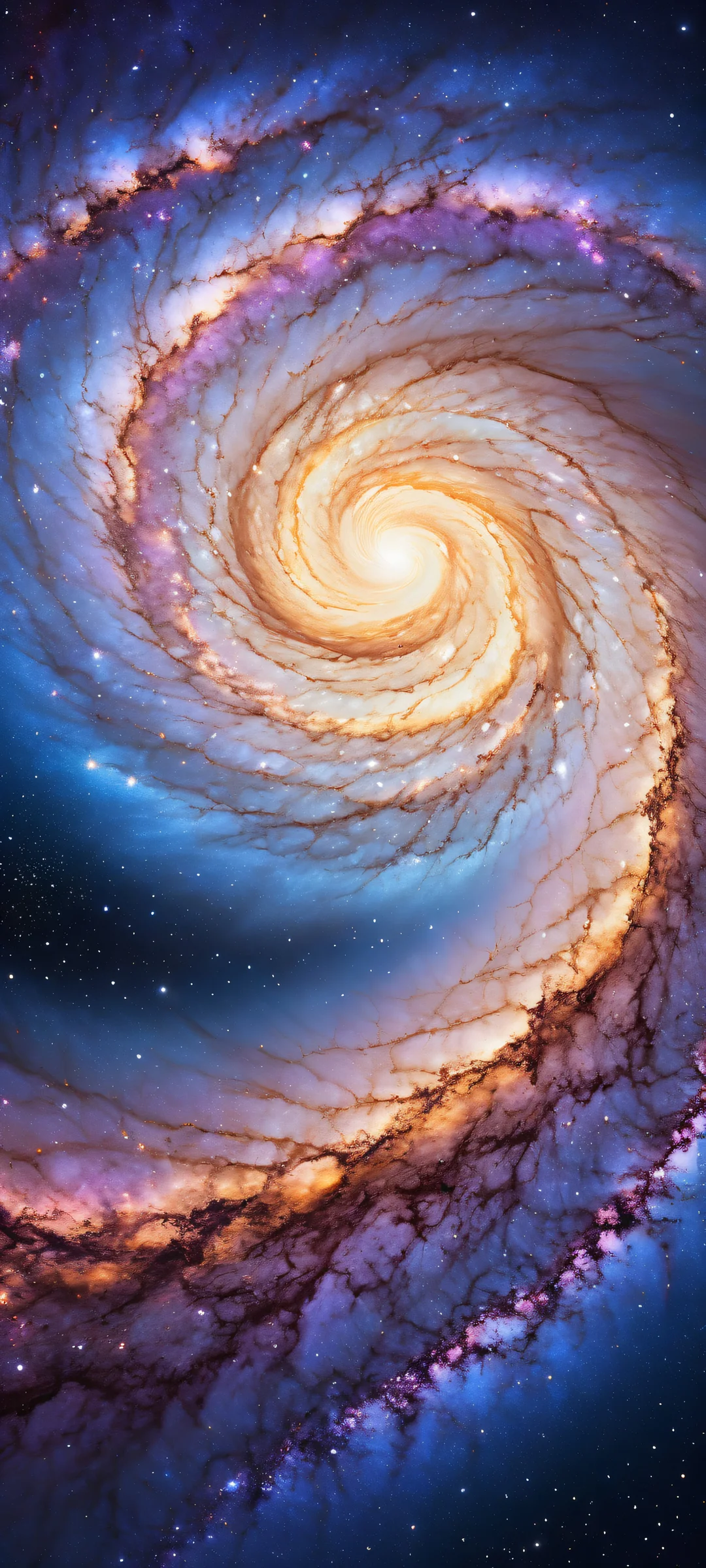 A majestic spiral galaxy on an iPhone/Android device, featuring stars, planets, and celestial bodies with ethereal lighting and brilliant colors.