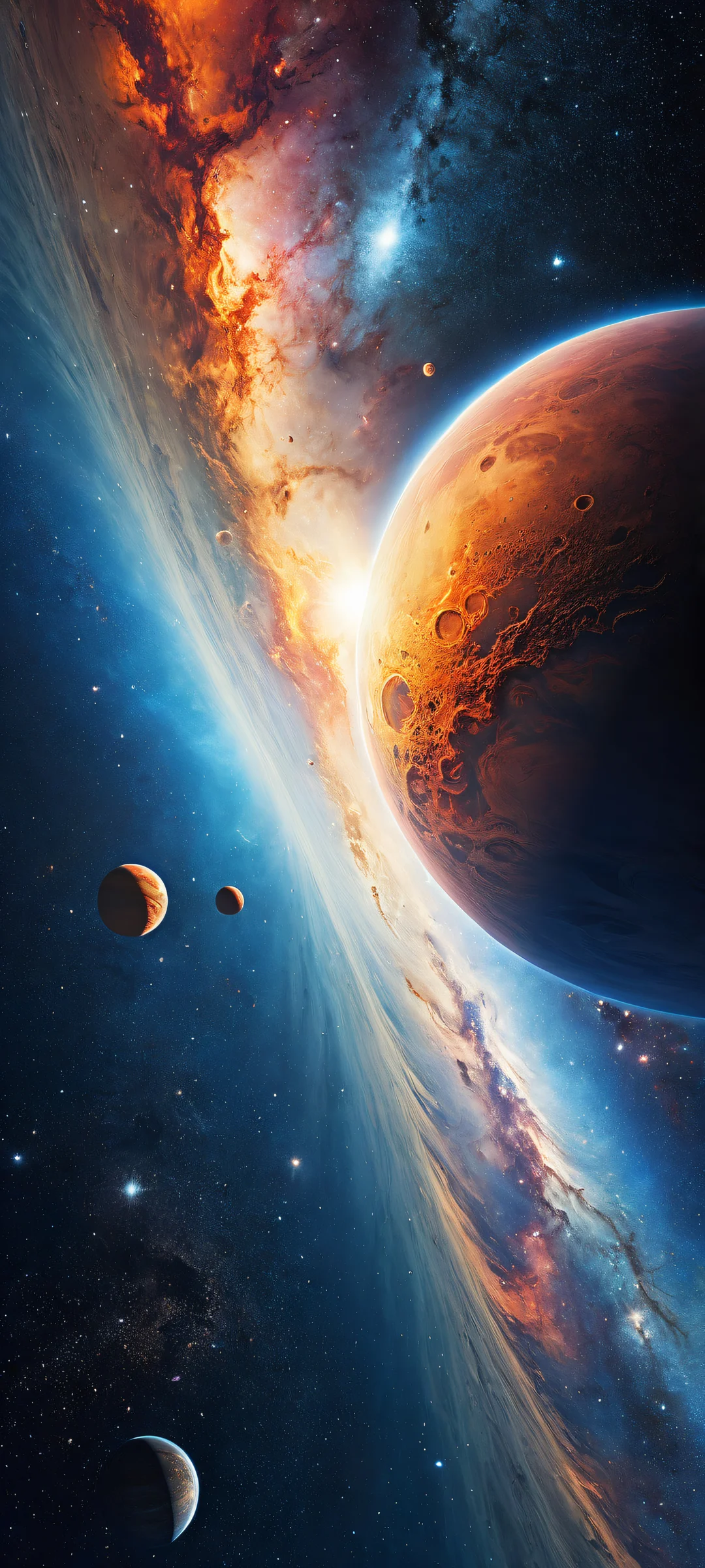 Cosmic Odyssey QHD Phone Background Explore the infinite cosmos on your iPhone or Android device. A stunning portrait of cosmic planets with intricate details and ethereal lighting.
