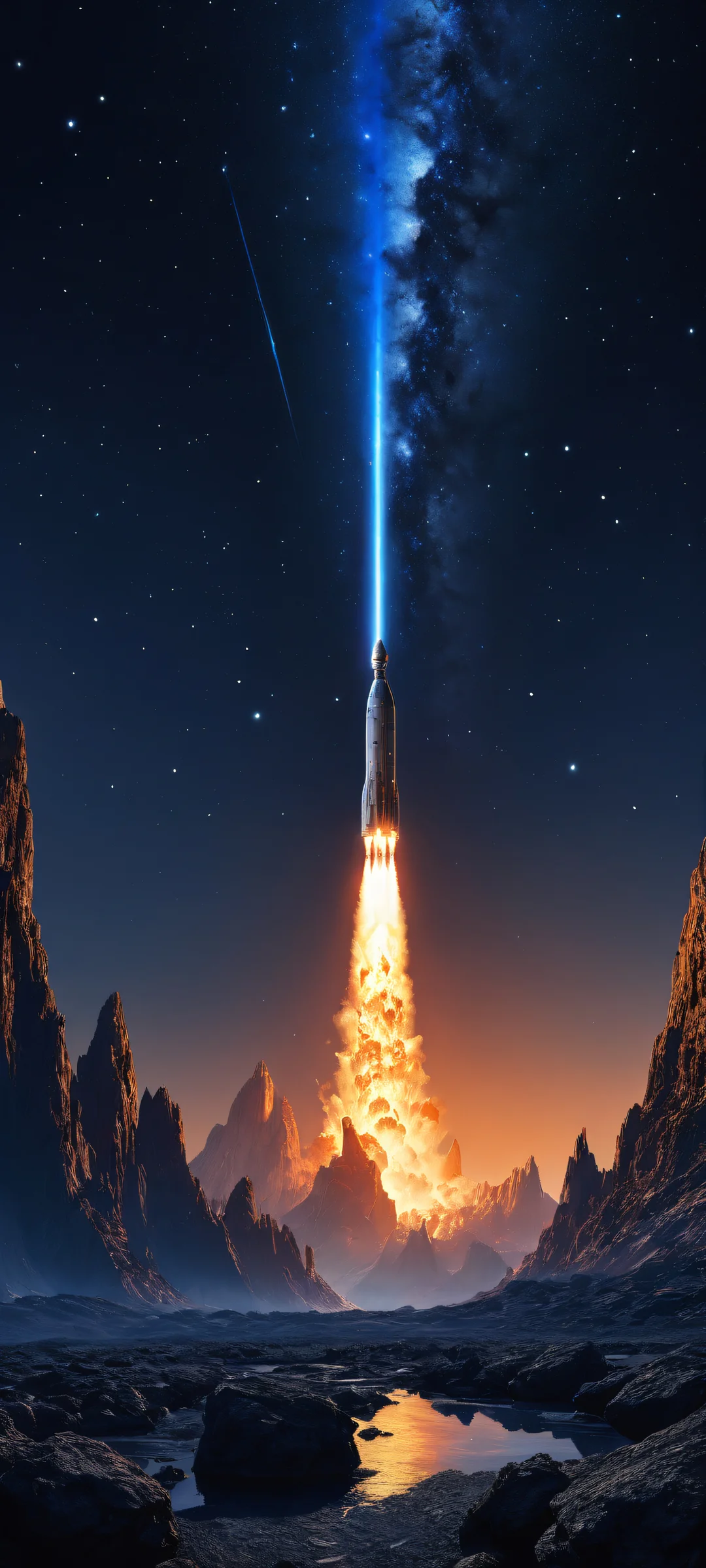 Cosmic Odyssey QHD Smartphone Background Asteroid landscape on iPhone and Android devices, with ancient ruins and starry night sky.