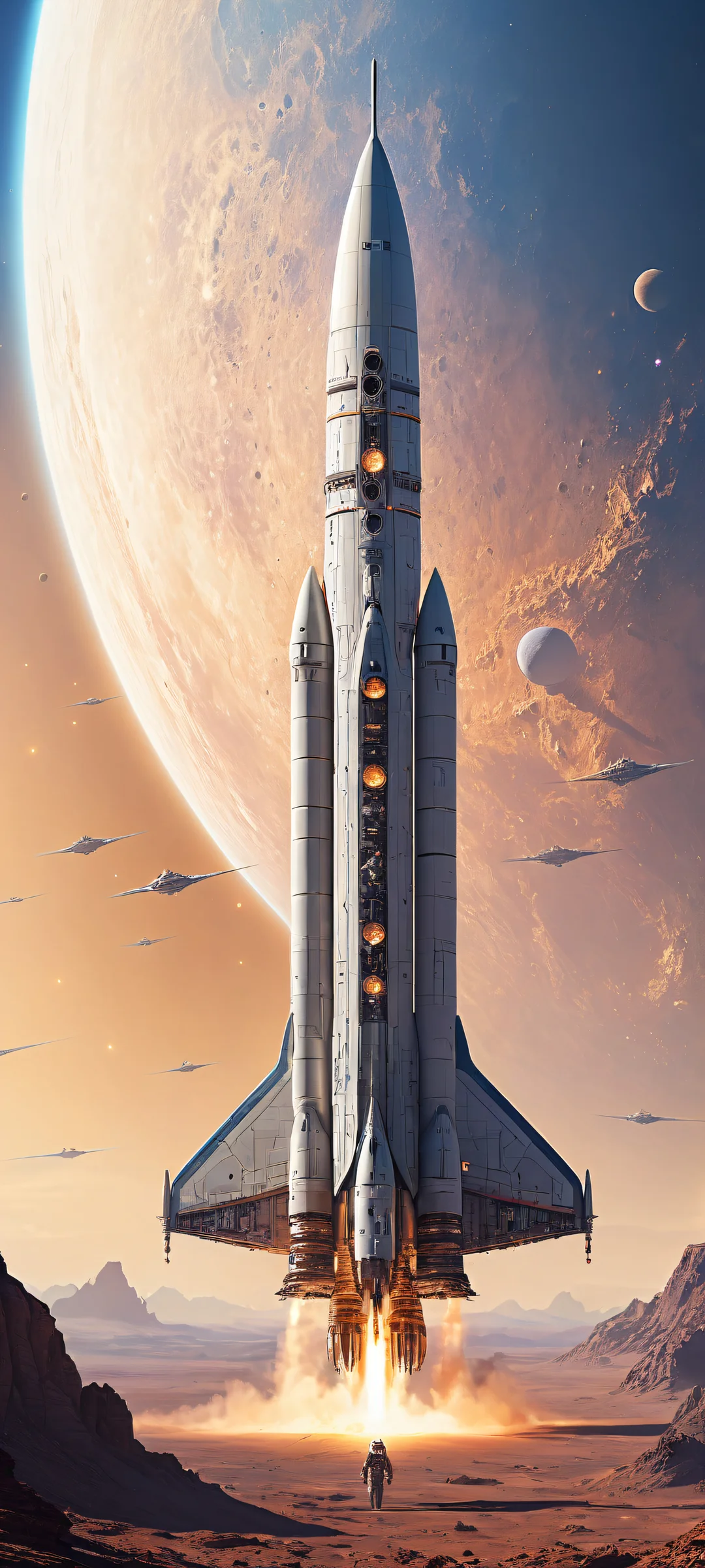 iPhone and Android users, get ready to be transported to a distant galaxy with this stunning vertical portrait artwork featuring an award-winning digital art of a spaceship against the backdrop of stars and a planet.