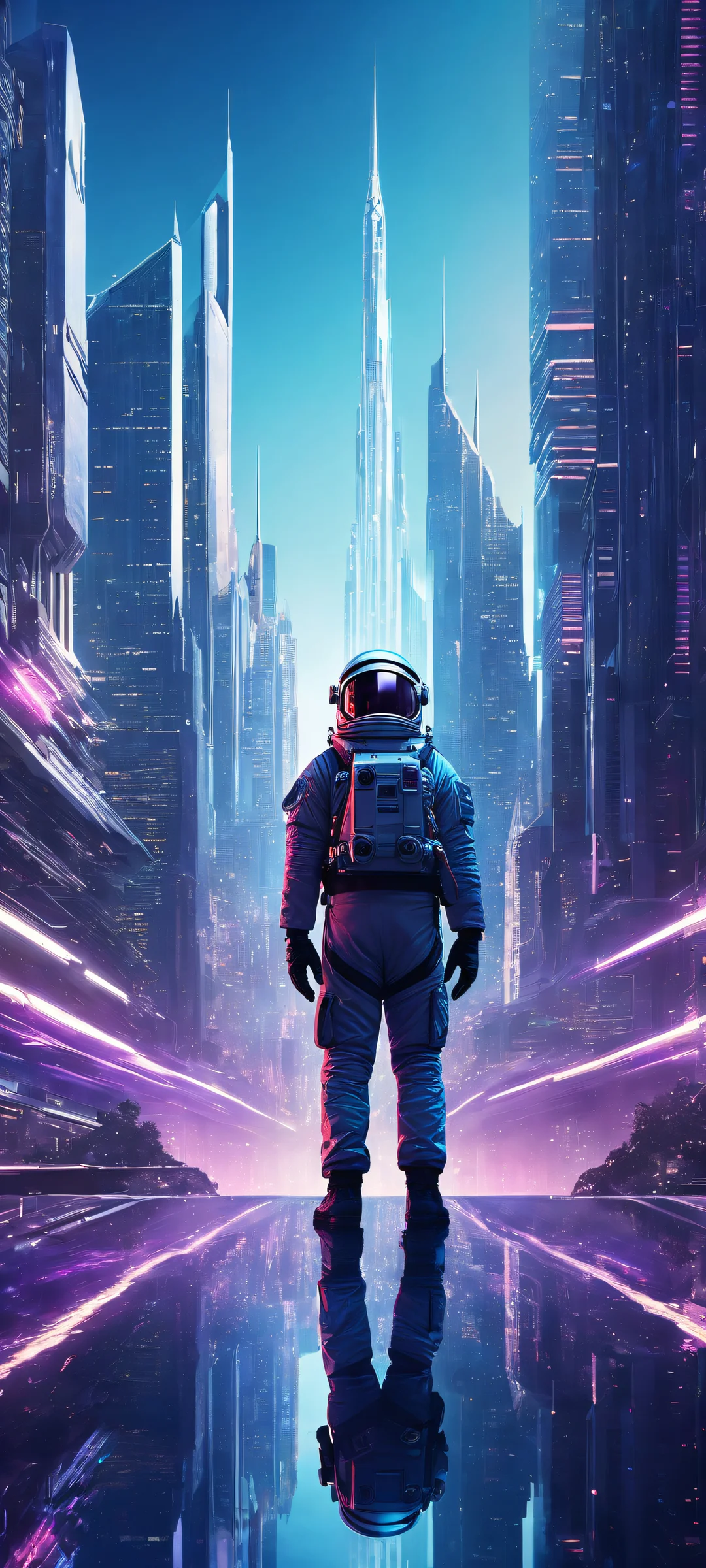 A lone astronaut in a futuristic cityscape with intricate micro-details and ethereal lighting, perfect for iPhone/Android home screens.