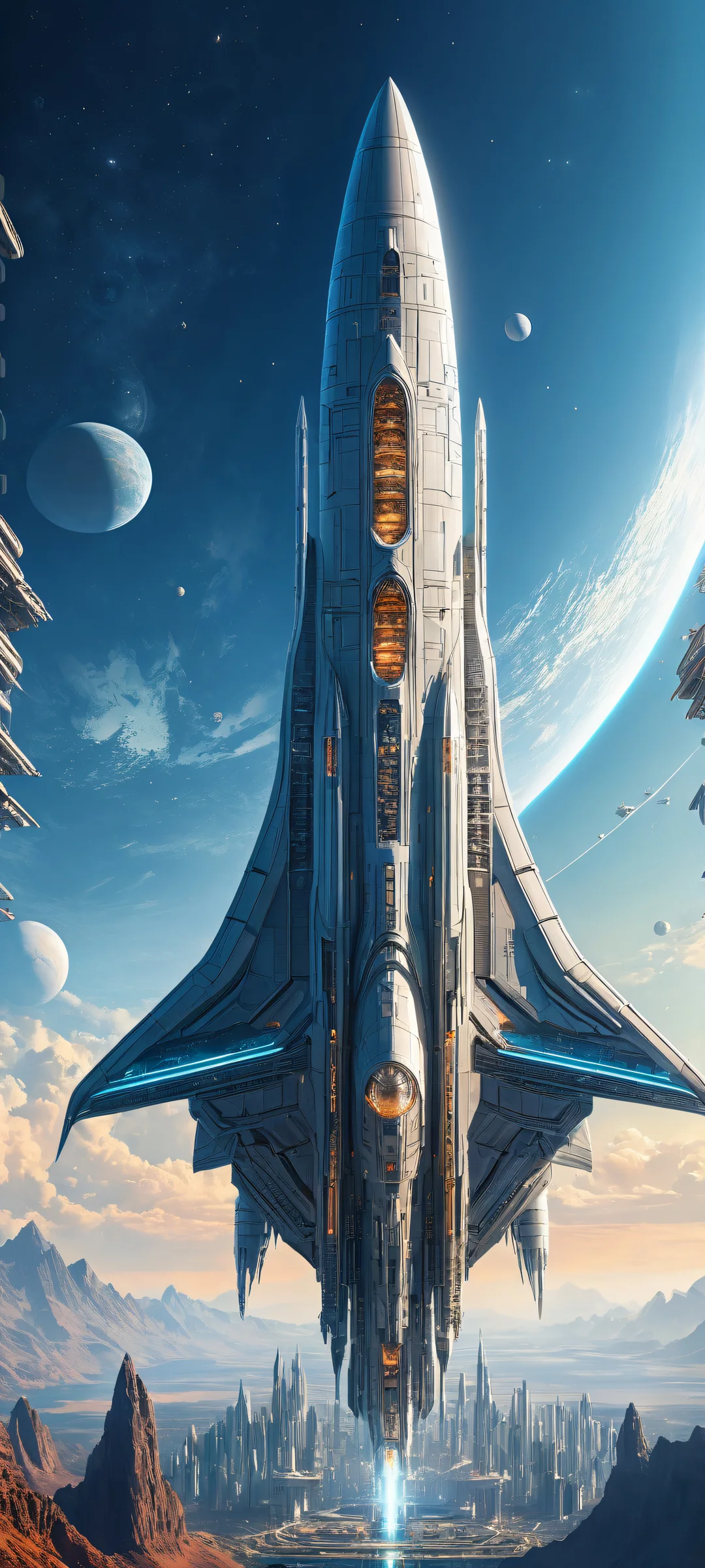 A futuristic spaceship artwork for iPhone/Android with intricate design and technological advancements. Perfectly optimized for home screens.