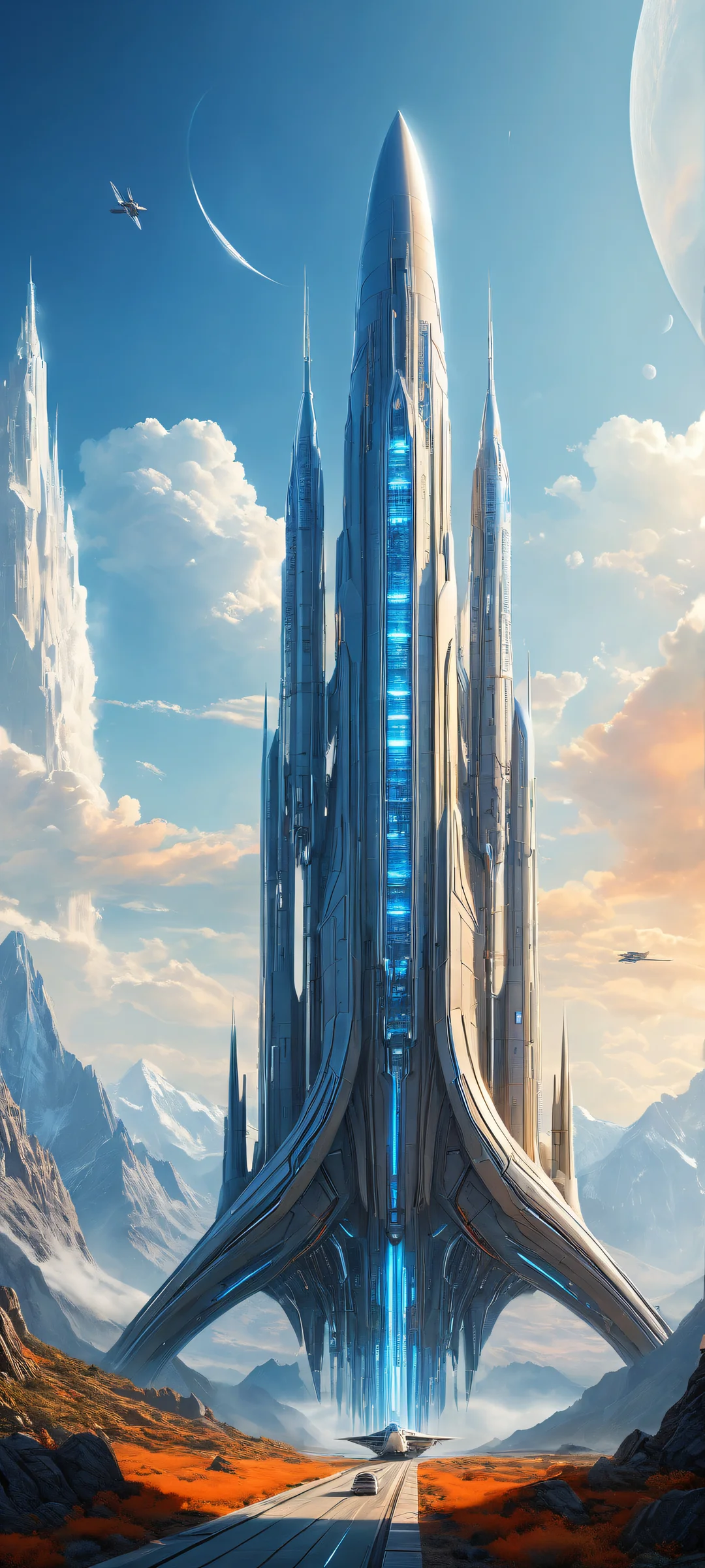 A futuristic spaceship sits majestically in the lower middle of this stunning digital art, surrounded by a majestic mountain range on a pure void background. Perfectly optimized for iPhone and Android home screens.