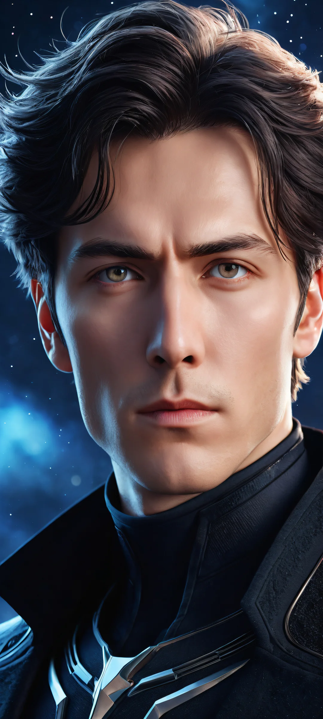 iPhone/Android wallpaper featuring Yuri Mihalkov's breathtaking anime character against a majestic celestial backdrop, with intricate micro-details and extreme depth of field.