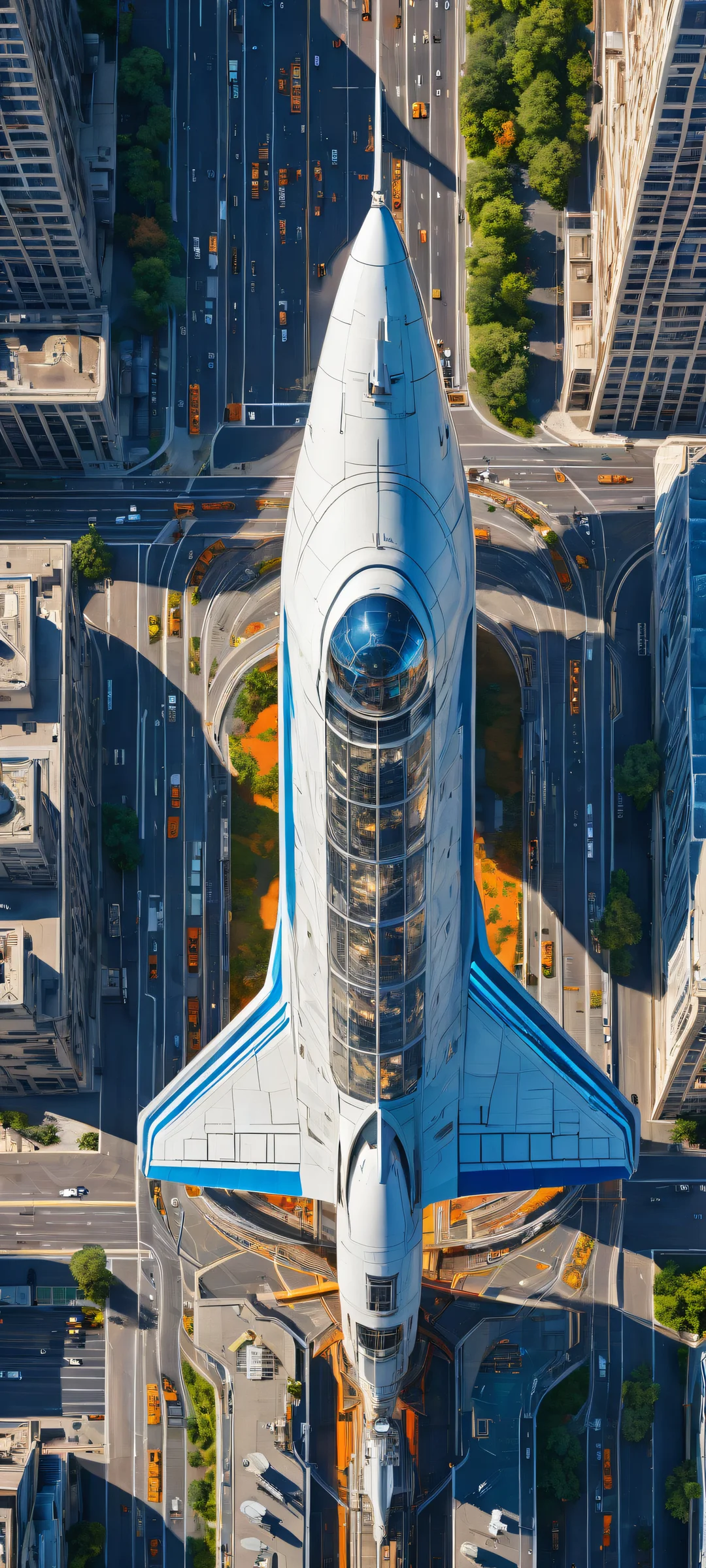 Breathtaking vertical portrait artwork of Spaceship in the lower-middle with factories and architecture details on iPhone/Android.