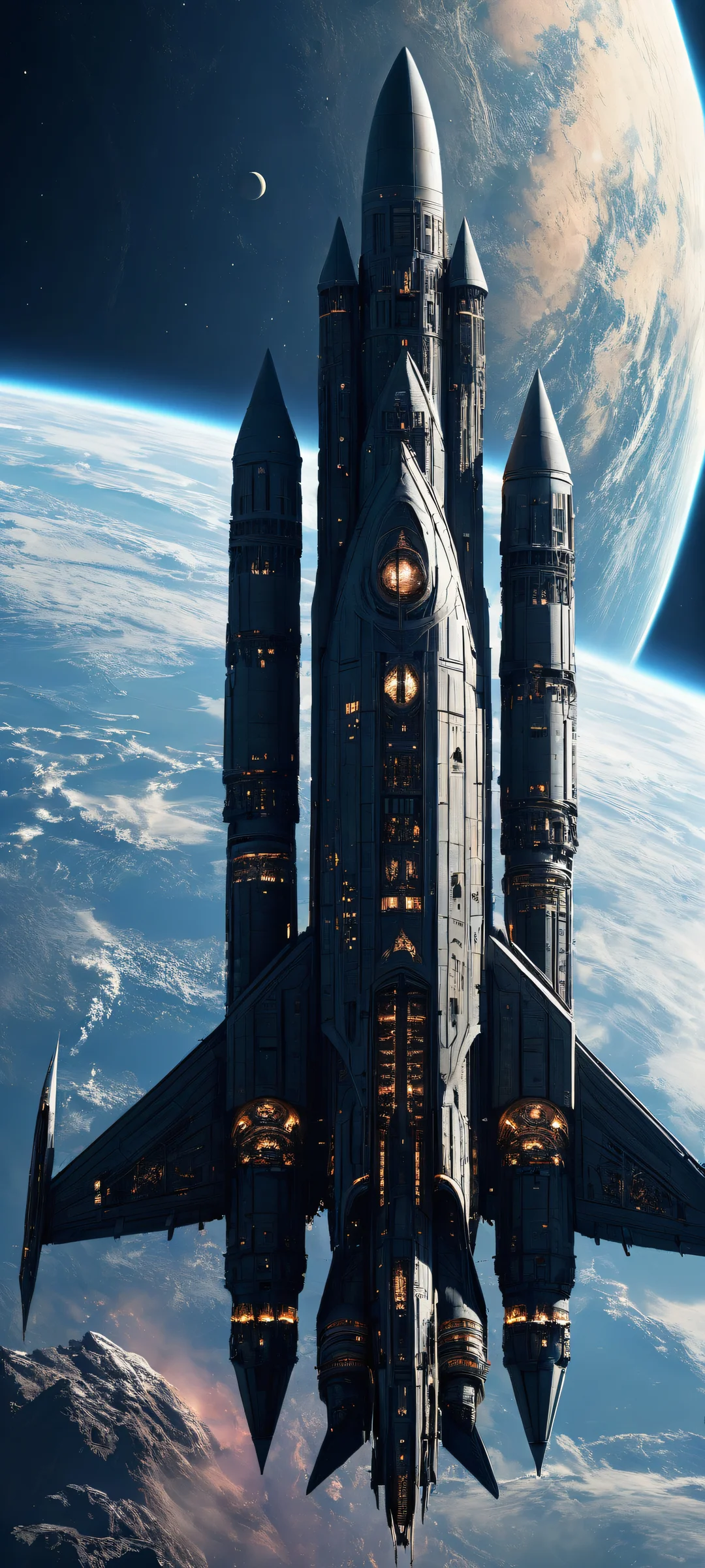 Cosmic Odyssey 2K QHD Home Screen Majestic spaceship artwork for iPhone/Android featuring intricate details and stunning visual impact.