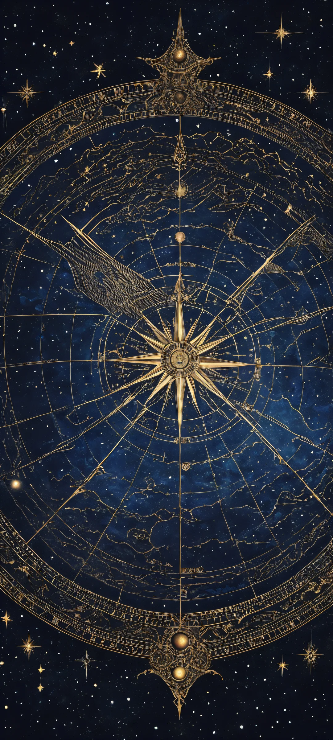 A majestic celestial map on a black background for iPhone/Android screens, with intricate details and striking contrast.
