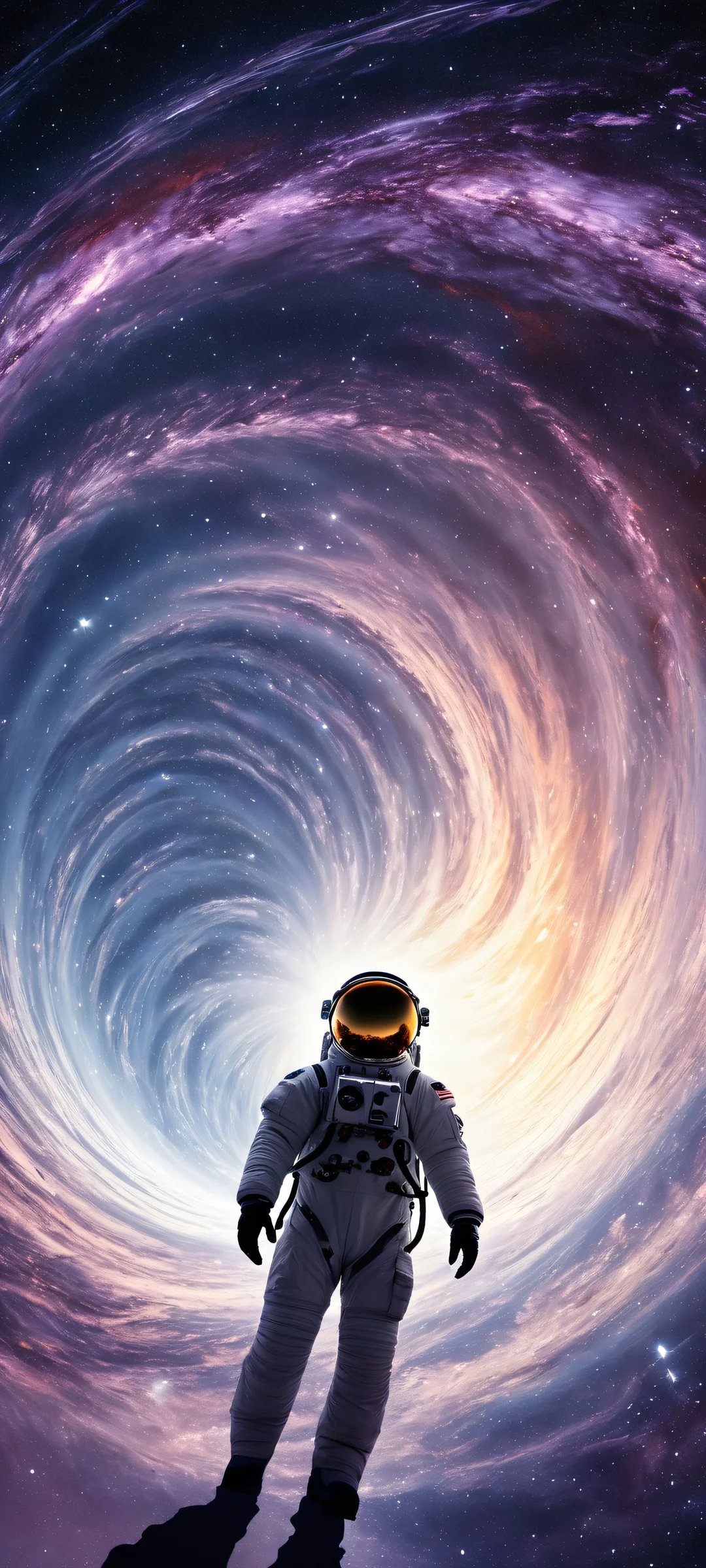 Astronaut standing in front of a swirling black hole's vortex on a star-filled background, iPhone と Android のホーム画面に完全に最適化.
