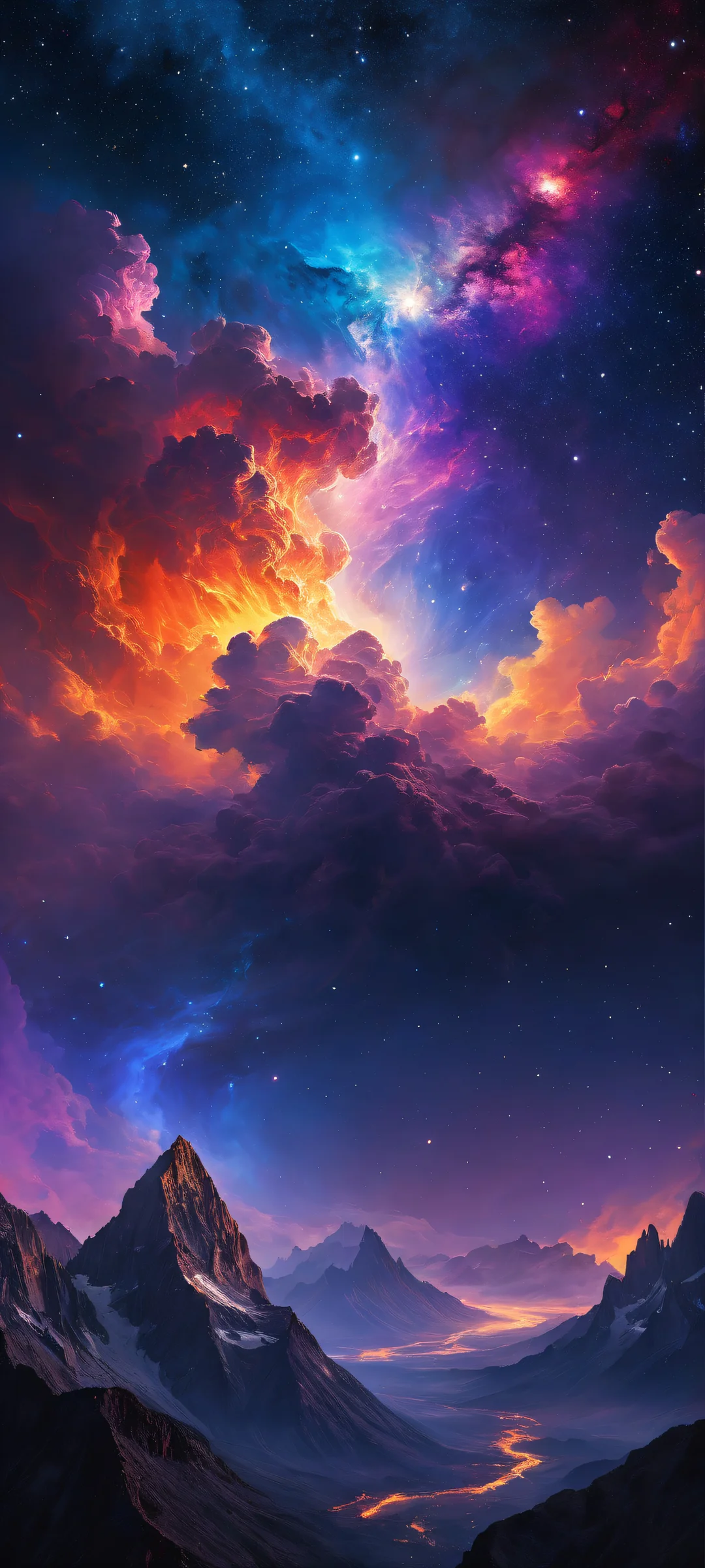 iPhone/Android exclusive cosmic artwork with swirling clouds and galaxies, perfect for dark mode home screens.