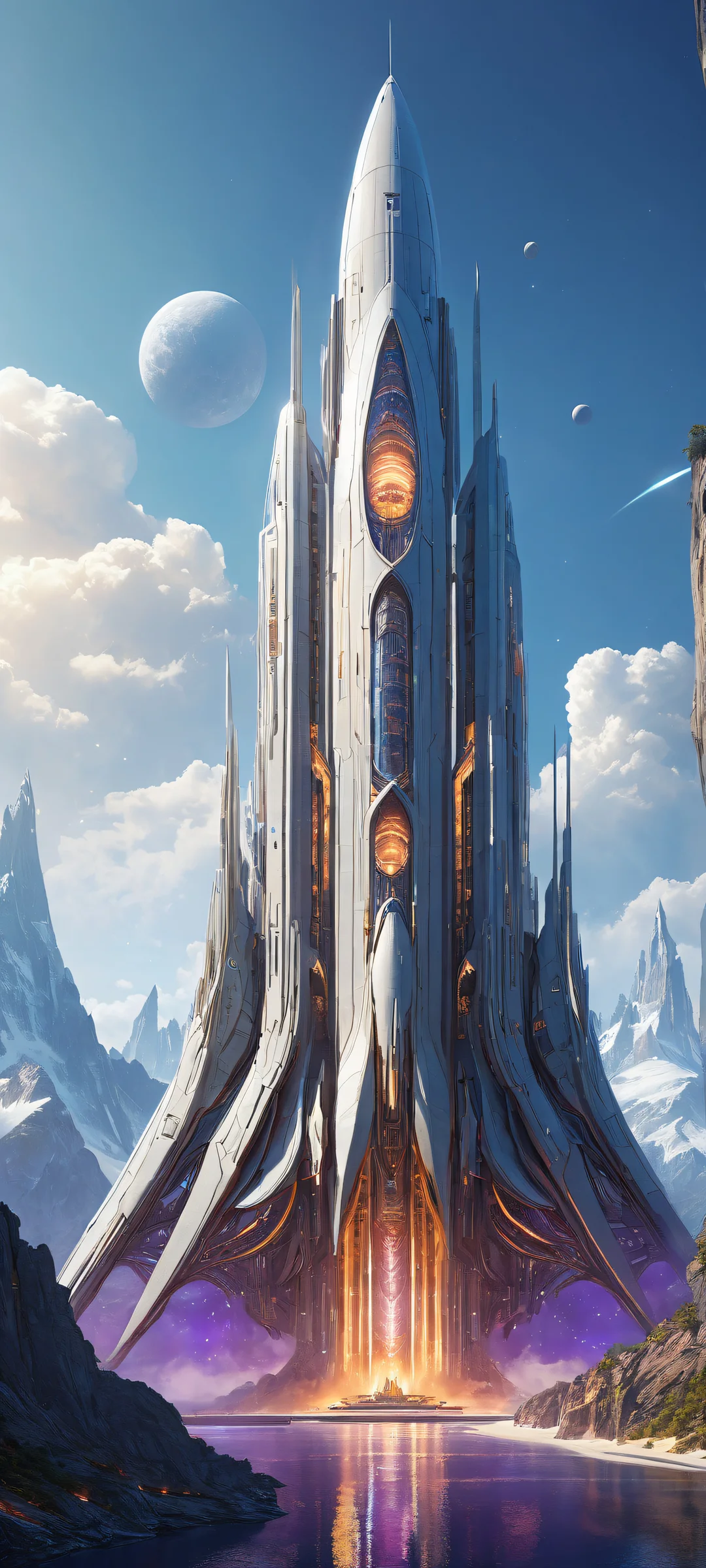 Futuristic spaceship on a starry night sky, iPhone と Android のホーム画面に完全に最適化.