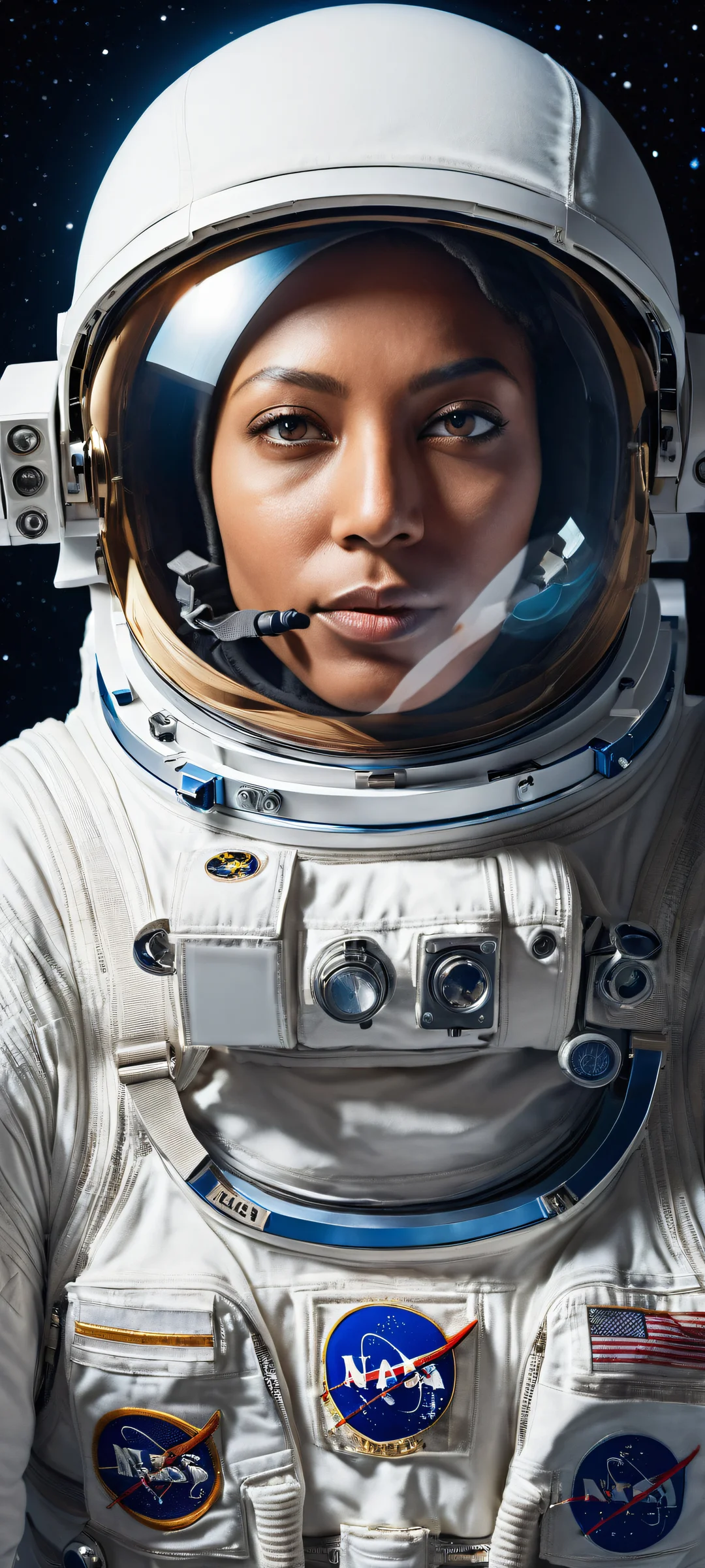 Astronaut in space suit with reflective Earth, perfectly clean top half for UI. iPhone/Android compatible.