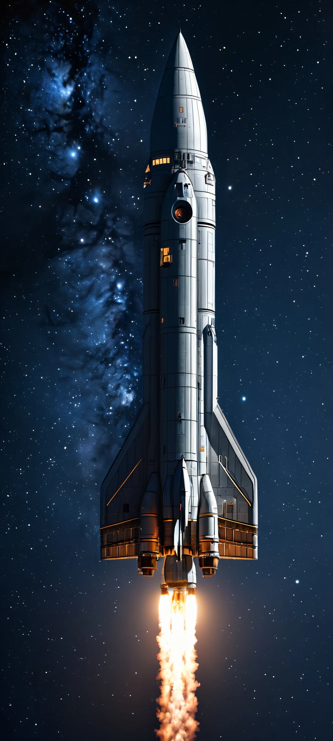 Majestic spaceship against a stunning background of distant stars and galaxies. Perfect for iPhone/Android home screens.