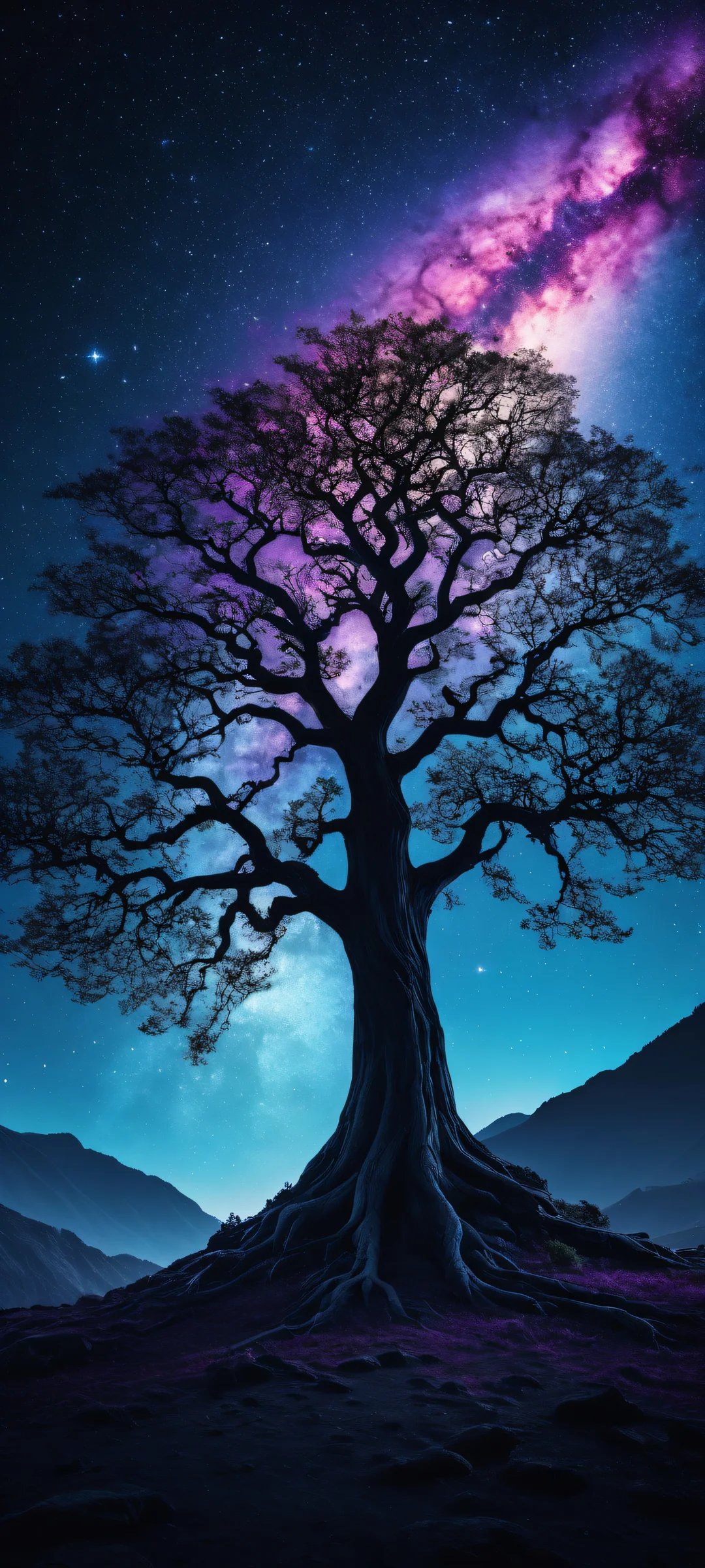 Breathtaking digital art of a Cosmic Tree, perfectly optimized for iPhone and Android home screens.