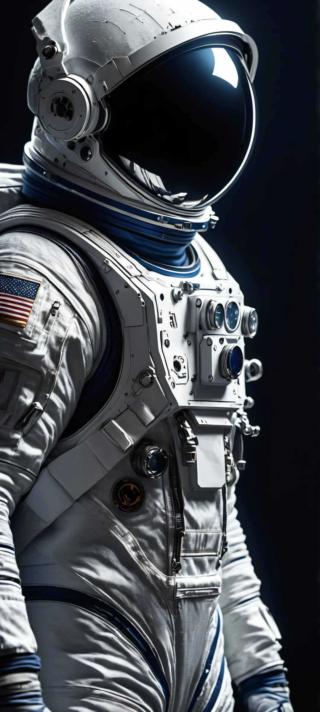 A lone astronaut in a futuristic space suit stands out against a backdrop of celestial bodies and cosmic debris. Perfect for iPhone/Android home screens.