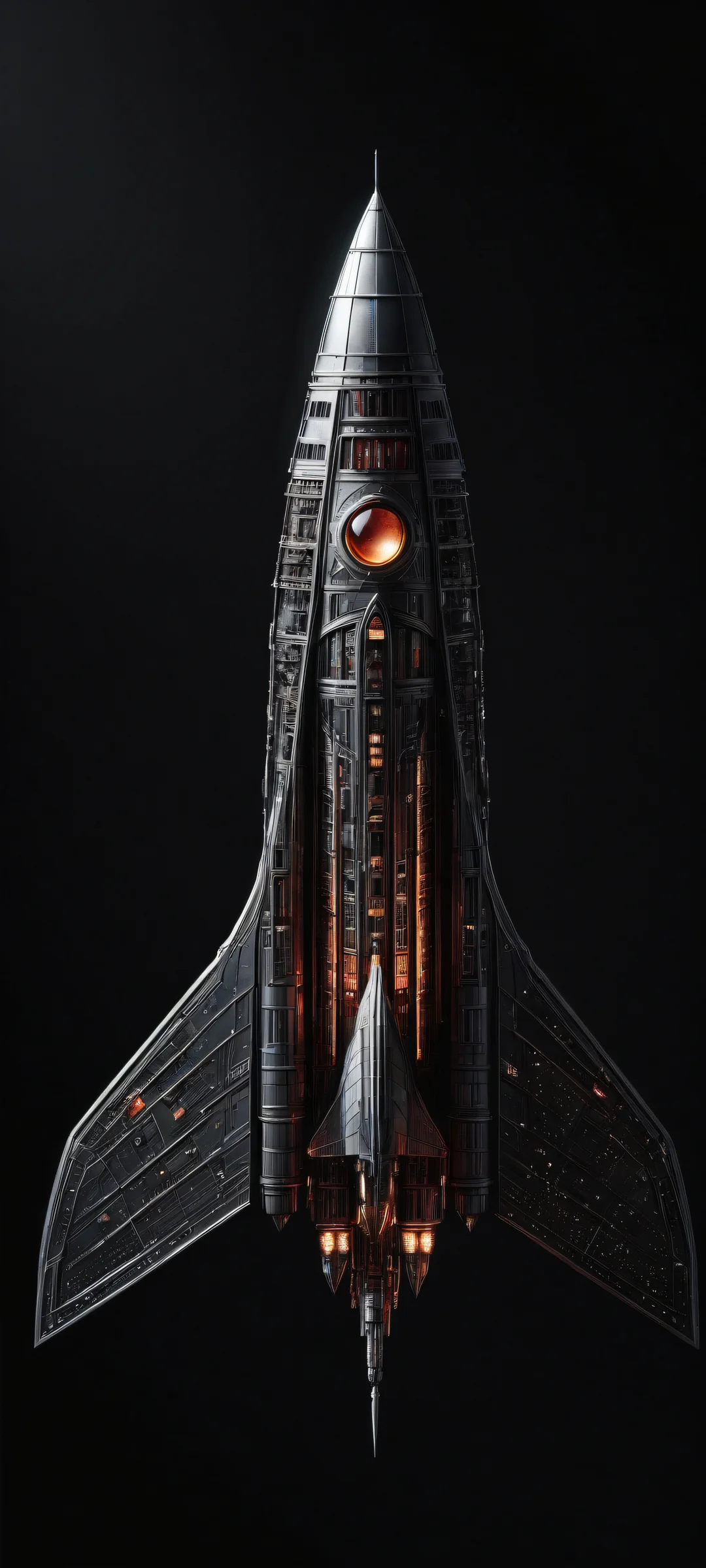 A miniature spaceship with intricate micro-details against a deep maroon background. Perfect for iPhone and Android home screens.