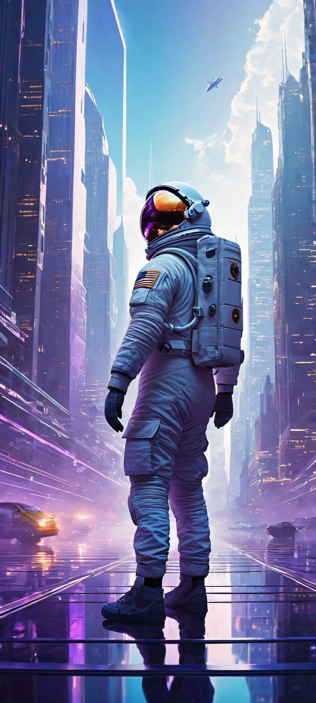 Astronaut in a futuristic cityscape against a vast void, perfectly optimized for iPhone and Android home screens.