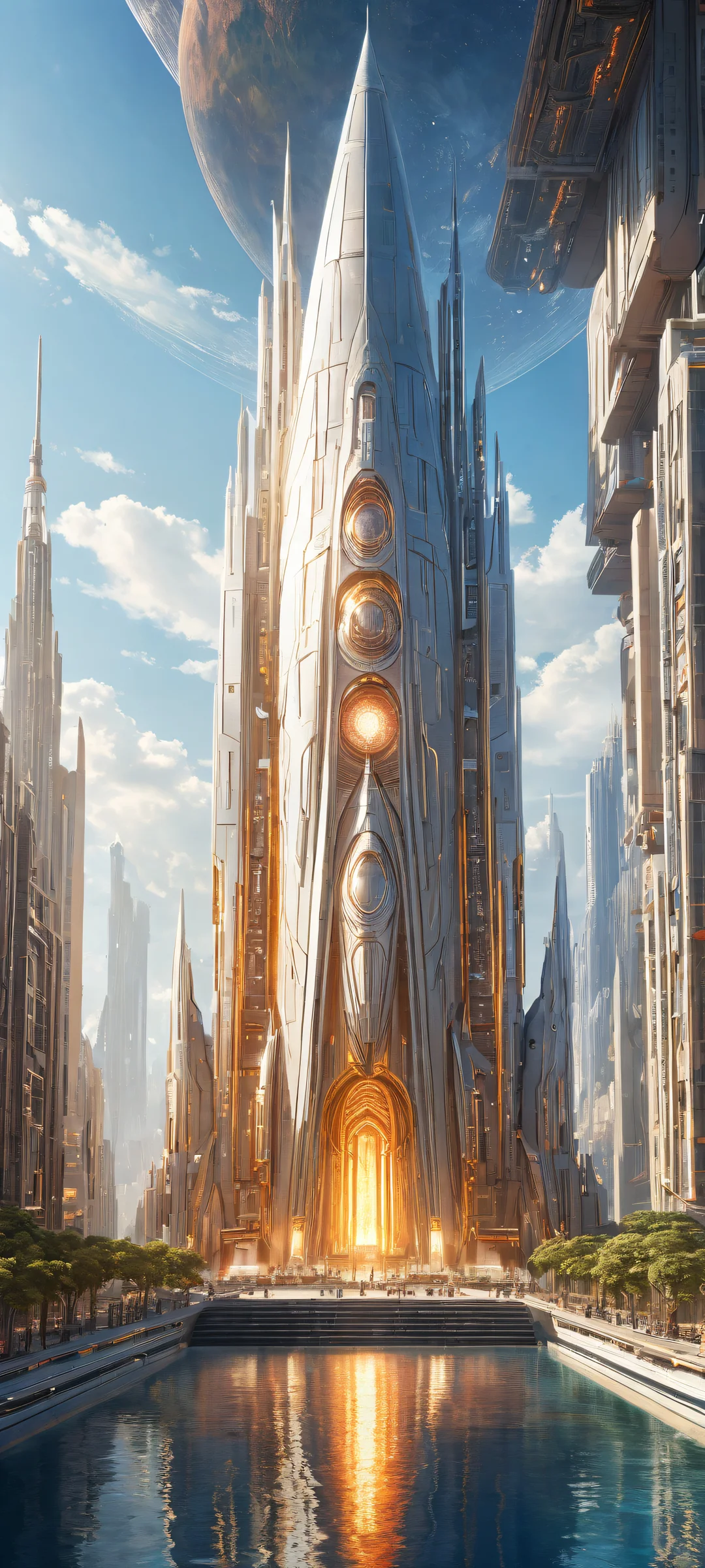 Breathtaking vertical portrait artwork of an iconic spaceship from a futuristic metropolis, parfaitement optimisé pour les écrans d'accueil iPhone et Android.