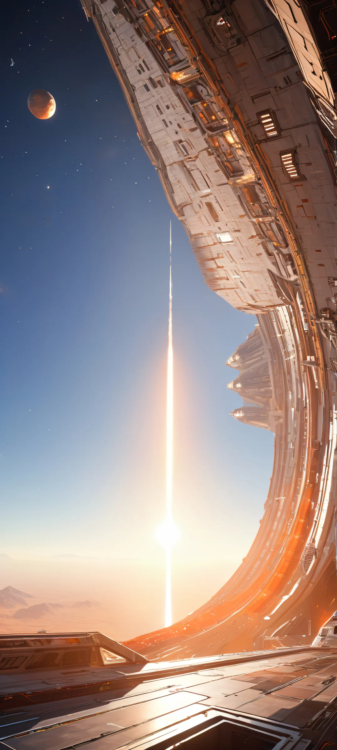 A majestic spaceship on a crater-laden landscape with stars shining brightly in the distance. iPhone/Android