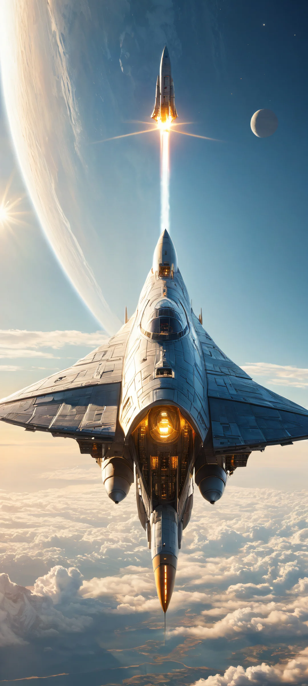 Majestic spaceship in ethereal lighting, perfectly optimized for iPhone/Android home screens.