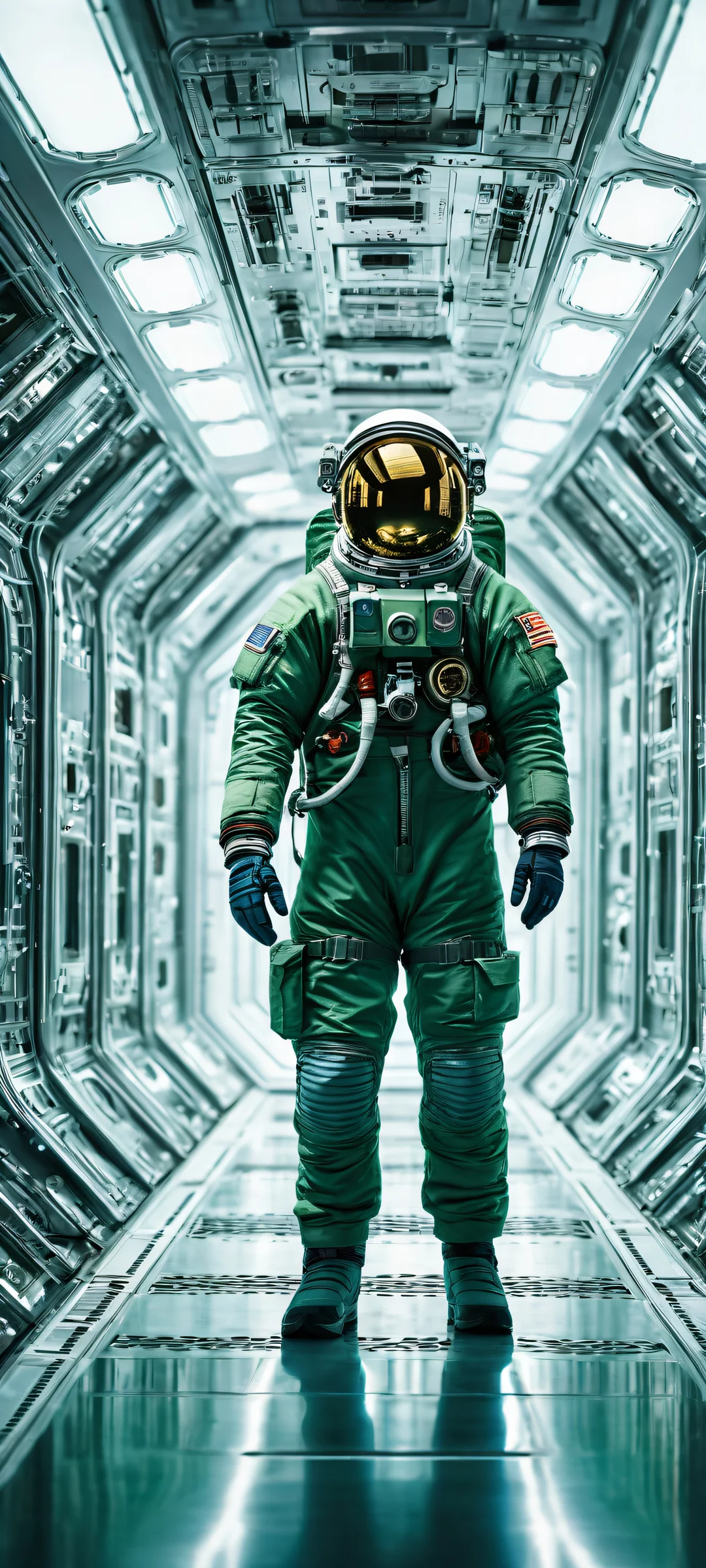 A lone astronaut stands amidst the intricate micro-details of a futuristic space station on a vast, pure void background. Parfait pour les écrans d'accueil iPhone/Android.