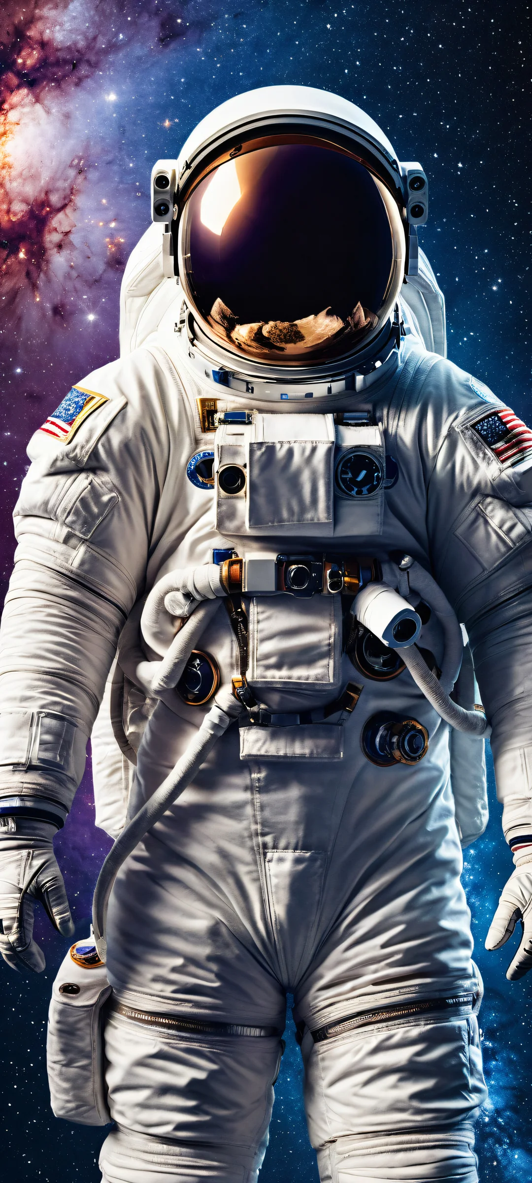 Cosmic Odyssey QHD Phone Background Astronaut in space suit surrounded by starscape on iPhone/Android home screen