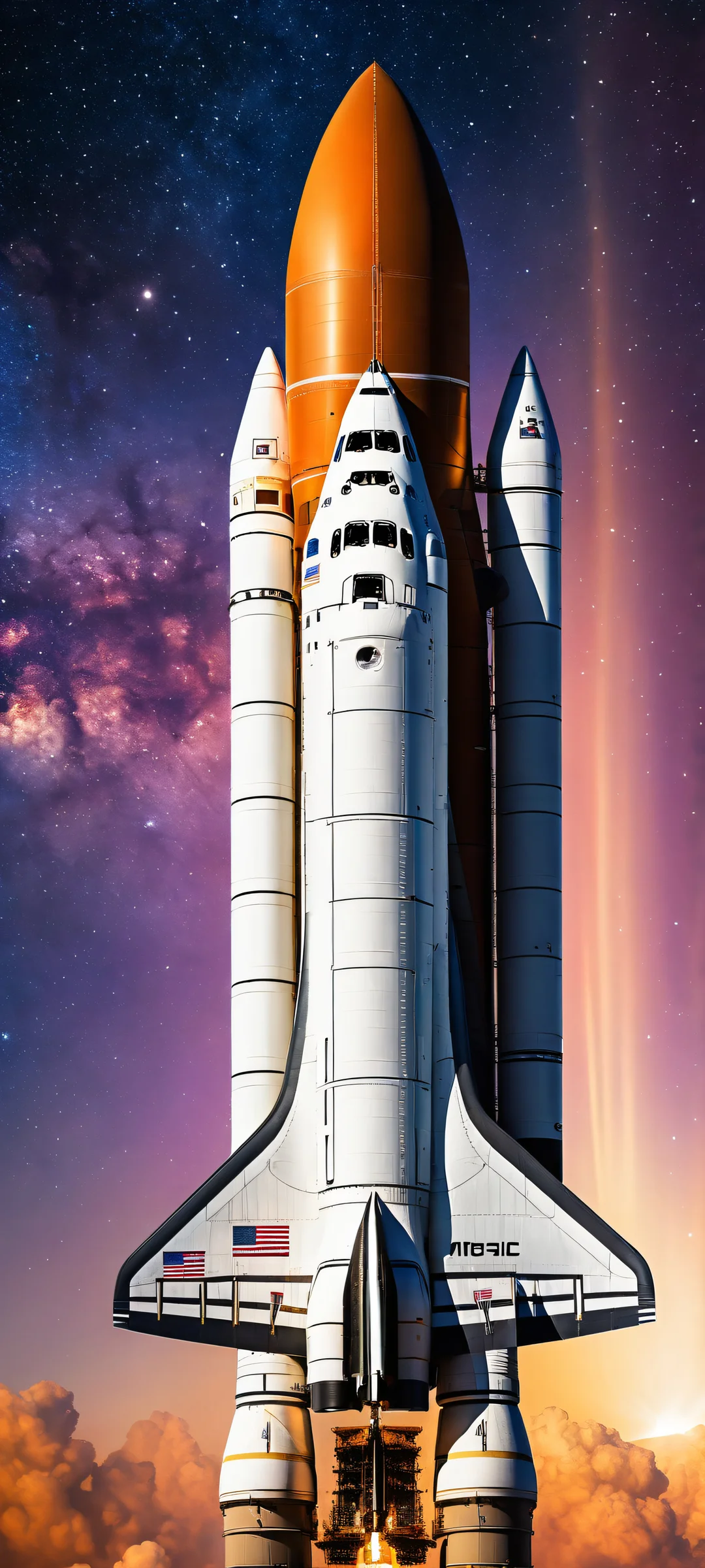 iPhone and Android users will love this stunning vertical portrait of the Space Shuttle set against a star-filled sky, with intricate details and ray-traced reflections.