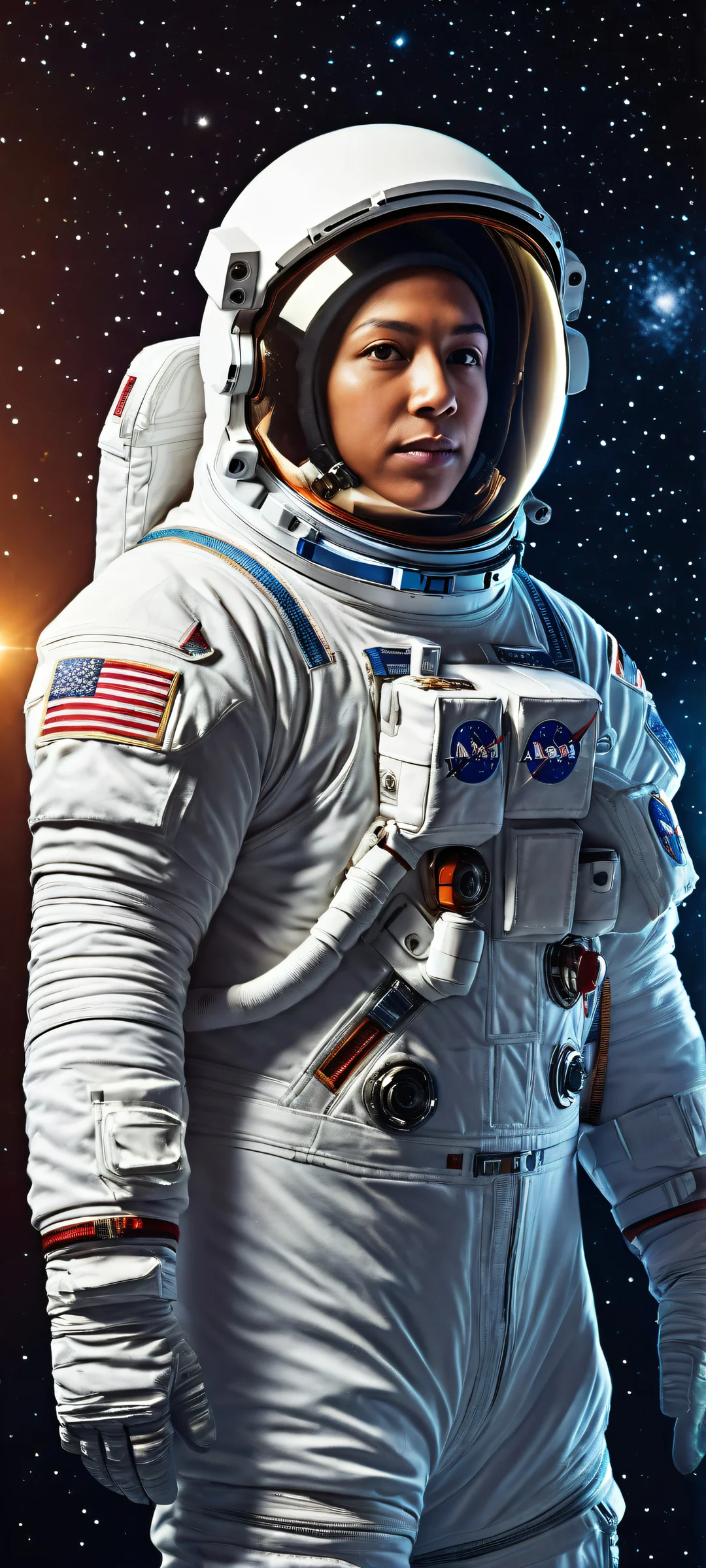 iPhone/Android astronaut portrait with starry night sky and ray-traced reflections in the background.