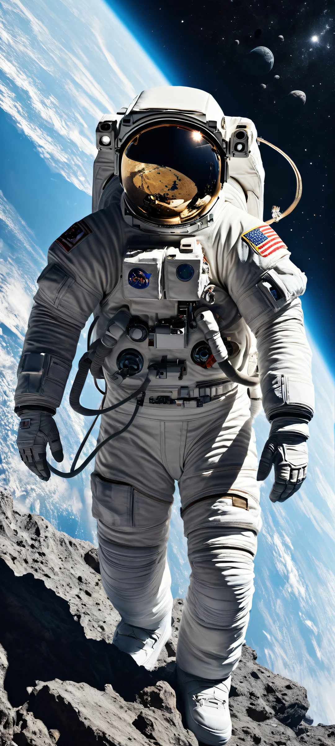 Astronaut in space with iPhone/Android, surrounded by stars and asteroids, perfect for home screen customization.