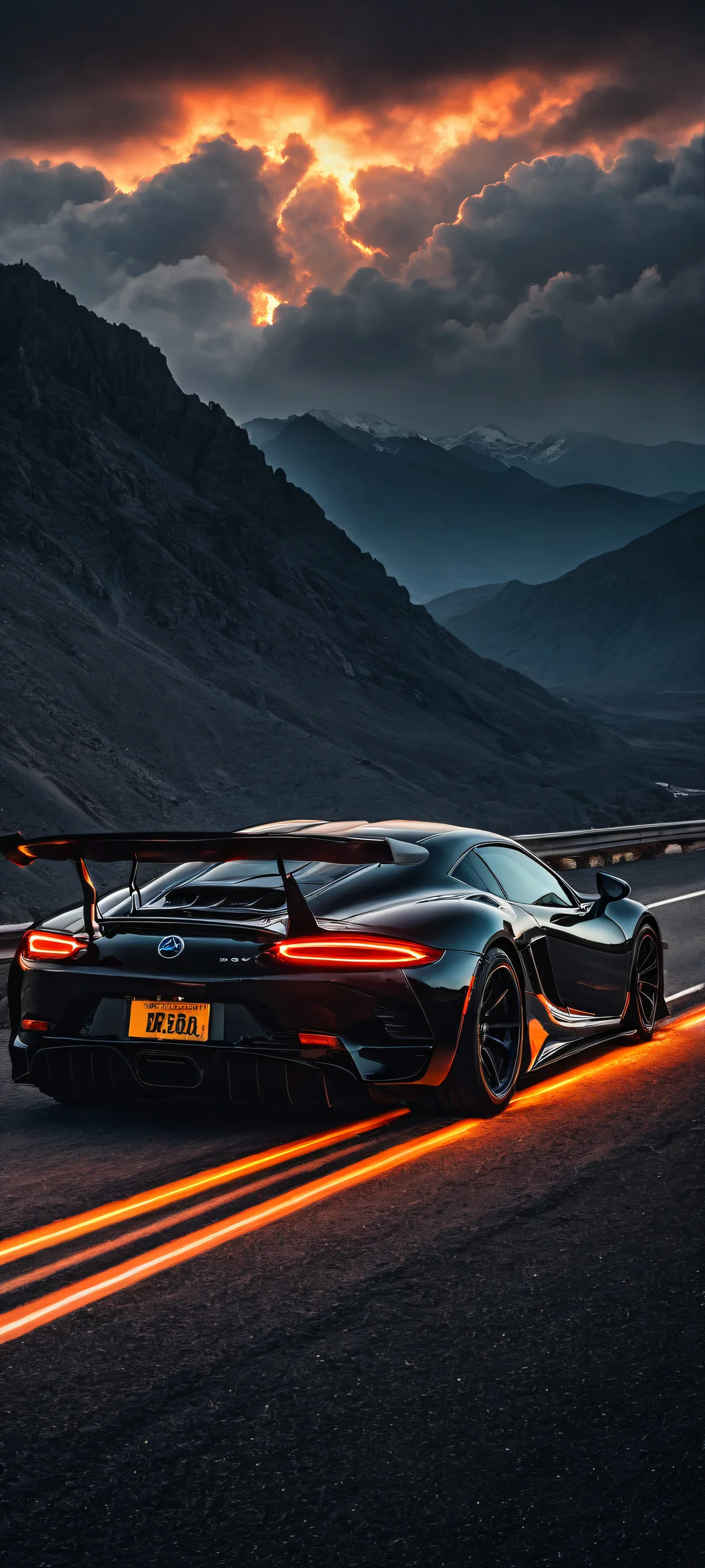 Breathtaking digital art of taillights and vehicle placed in the lower-middle with intricate designs and textures, perfectly clean top half with vast void, allowing gaze to soar into the cosmos. iPhone/Android compatible.