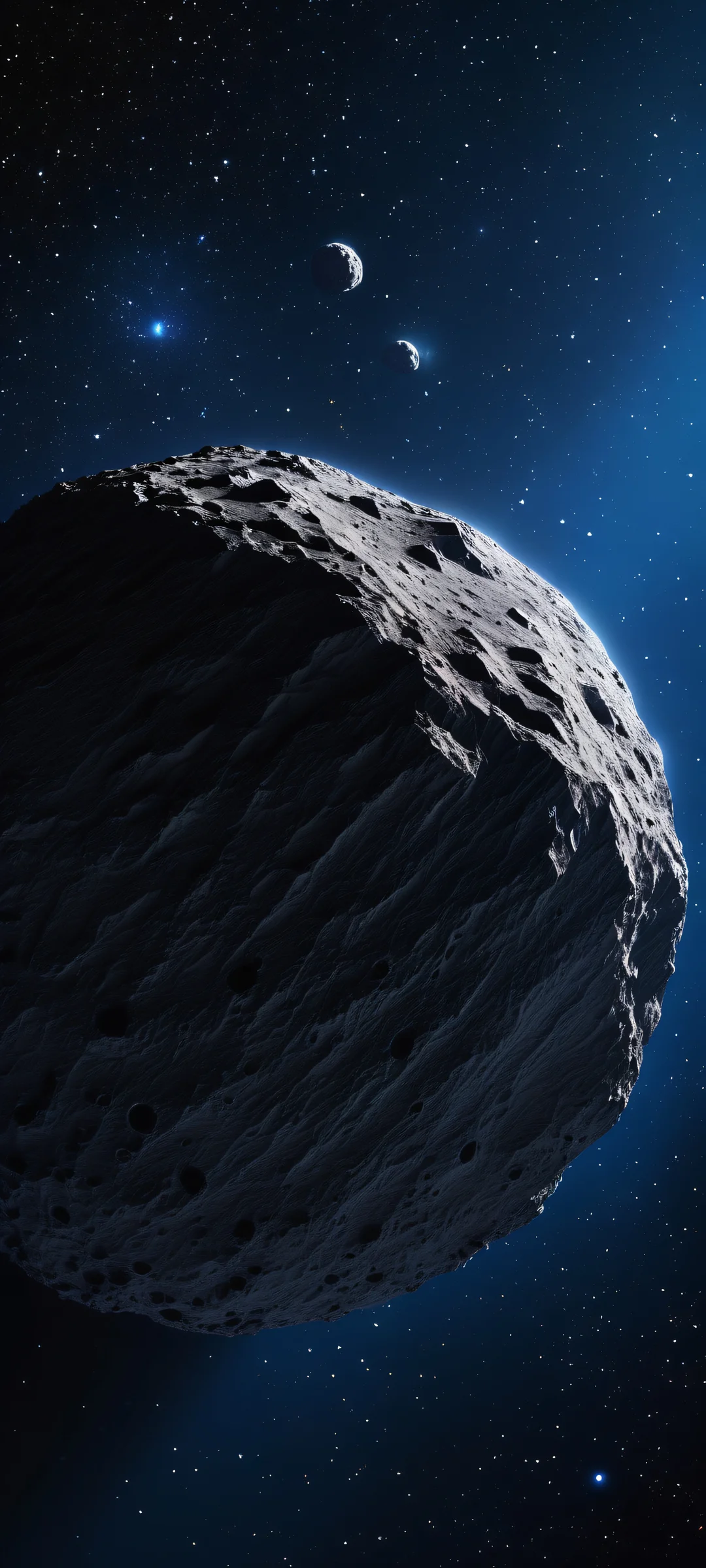 A majestic asteroid placed in the lower-middle with insane micro-details of its rugged surface, showcasing a stunningly realistic representation. Perfect for iPhone/Android home screens.