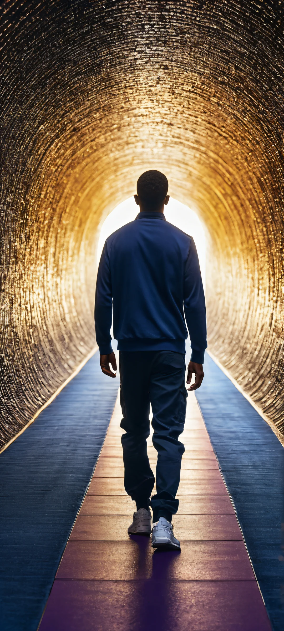 Ethereal portrait of a figure walking through a tunnel on an iPhone/Android with award-winning digital art and stunning visual impact.