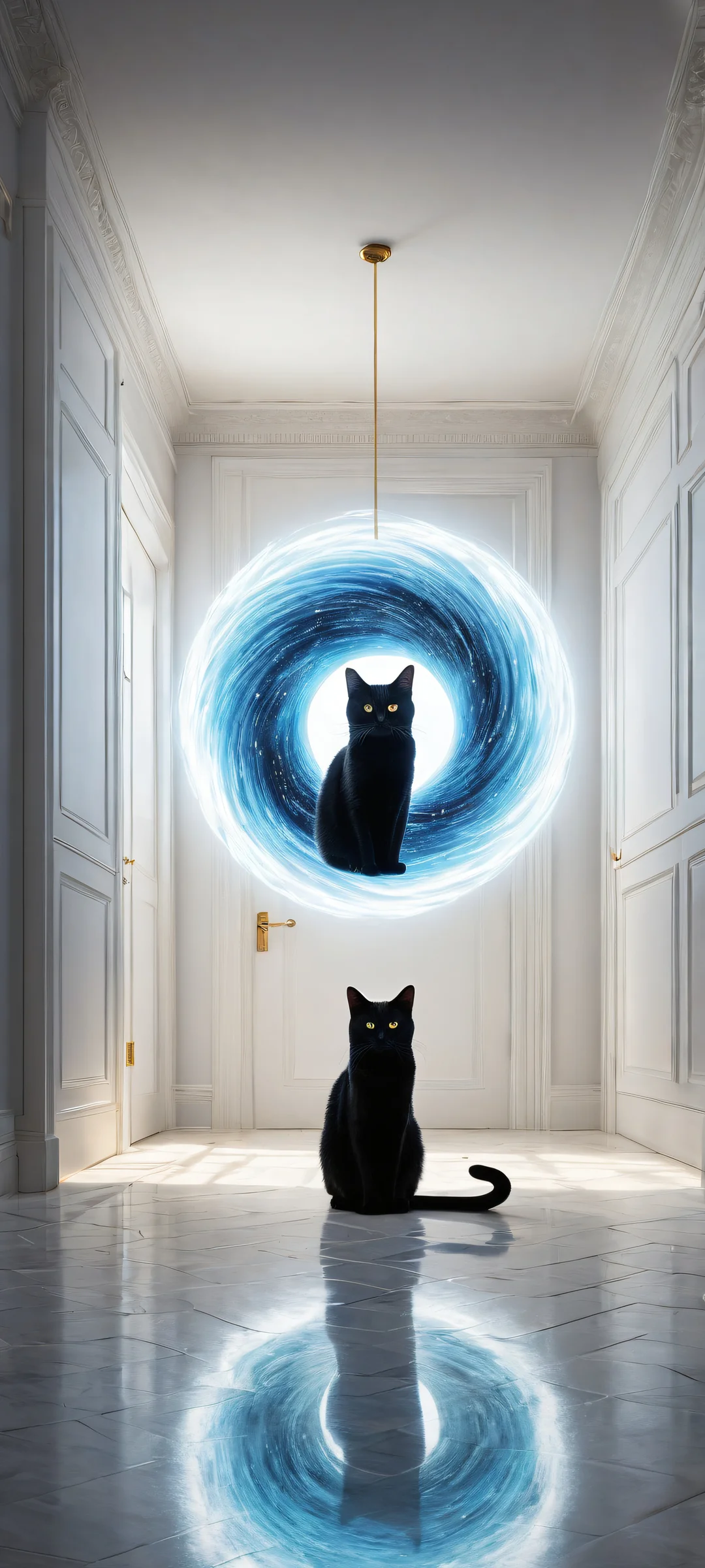 iPhone/Android wallpaper featuring a mesmerizing black hole with cat ears, set against a serene kitchen backdrop with an empty pet bowl and mysterious feline presence.