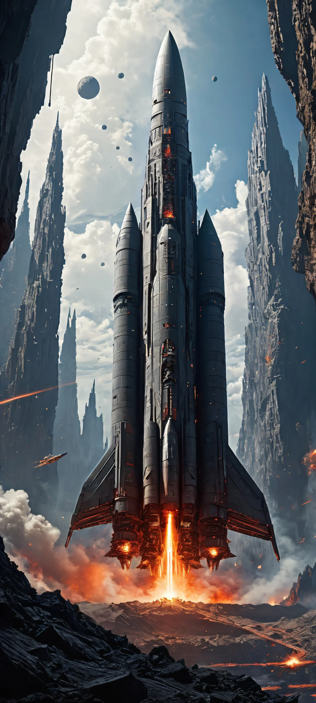 A massive spaceship lies in ruin amidst an asteroid crater, with laser damage and debris scattered about. Perfect for iPhone or Android home screens.