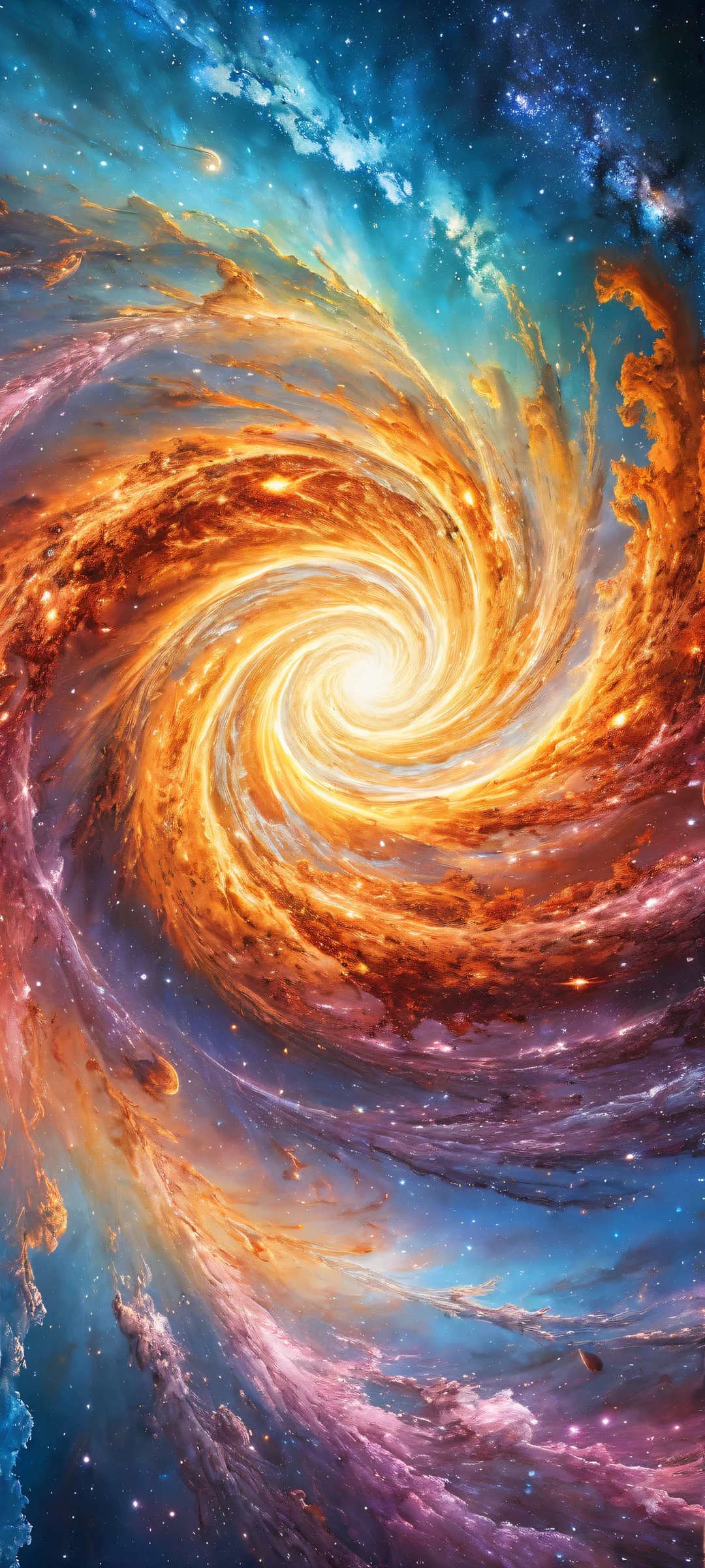 iPhone/Android exclusive artwork featuring a breathtaking portrait of cosmic vortex with intricate galaxy and star details in the lower-middle, set against a pristine void background.
