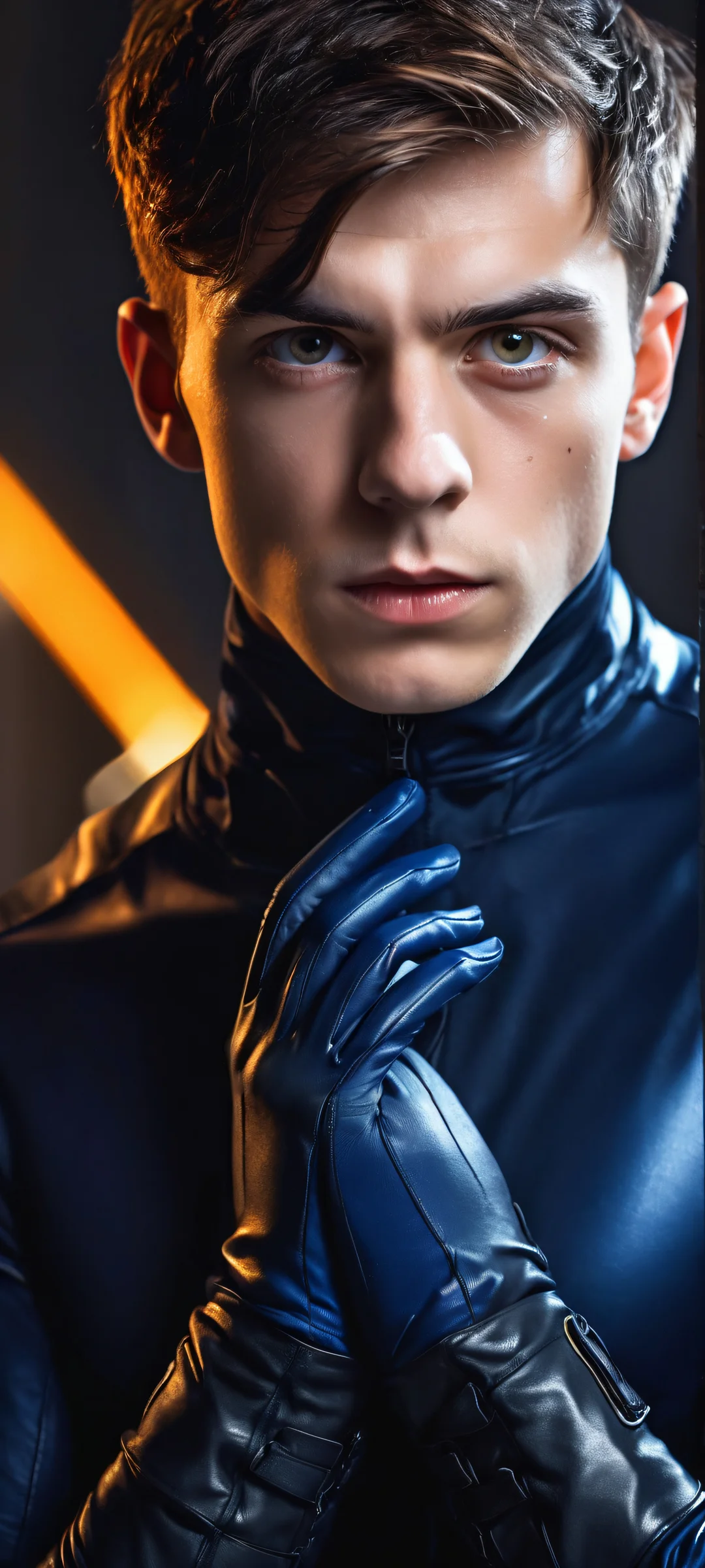 Futuristic boy wearing gloves in a stunning dark mode aesthetic with iPhone/Android compatibility.