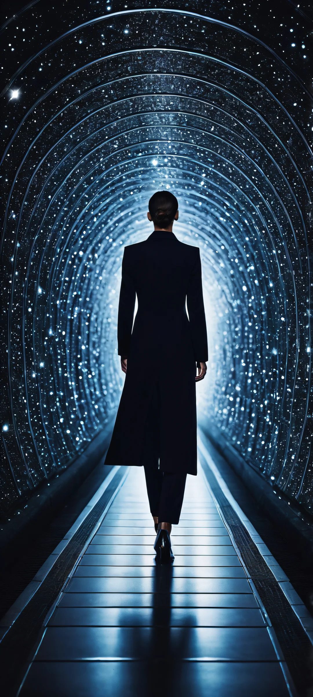 A figure walks through a tunnel of stars on an iPhone or Android device, with intricate details and perfect blacks.