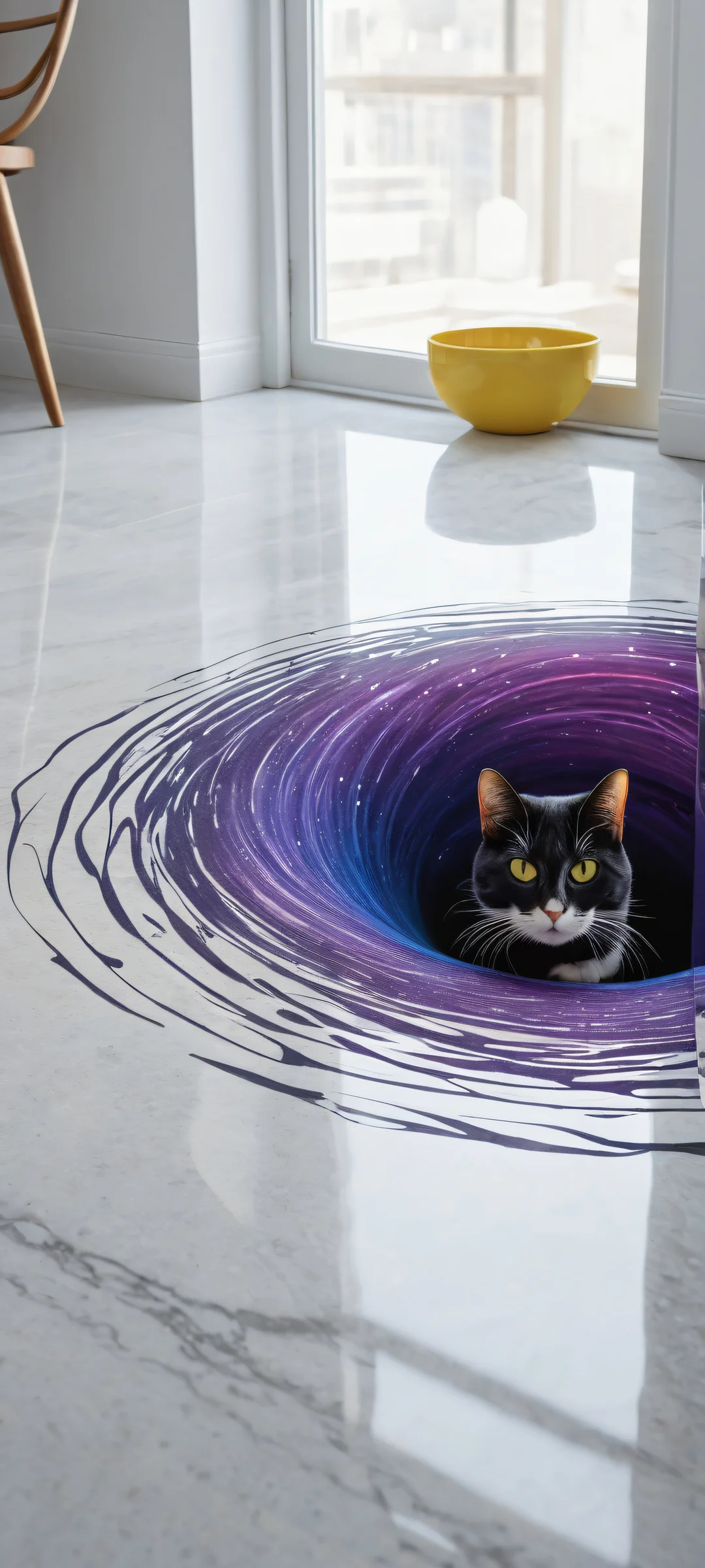 A swirling black hole with cat ears on a kitchen floor, perfectly optimized for iPhone/Android home screens.