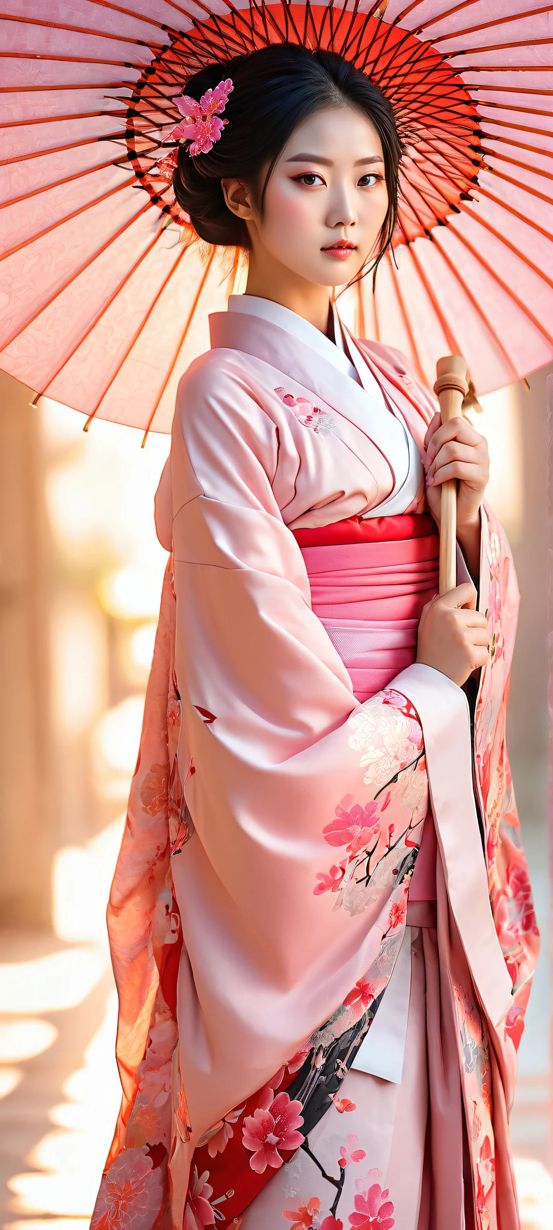 Asian cosplayer in kimono and umbrella against a vast void background. Perfect for iPhone/Android.