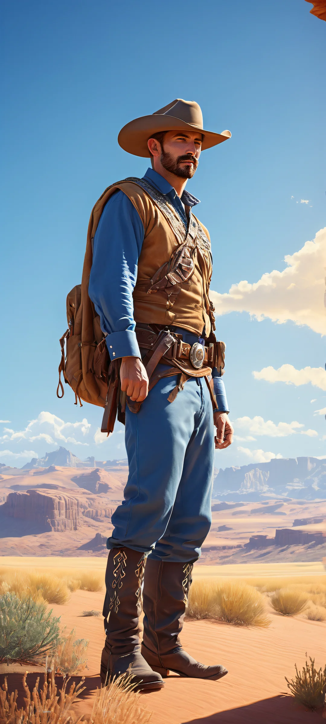 A majestic cowboy standing in the lower-middle of a vast open plain, with an endless blue sky above and an idyllic cityscape below, perfekt optimiert für das iPhone, Samsung Galaxy, und Android-Startbildschirme.