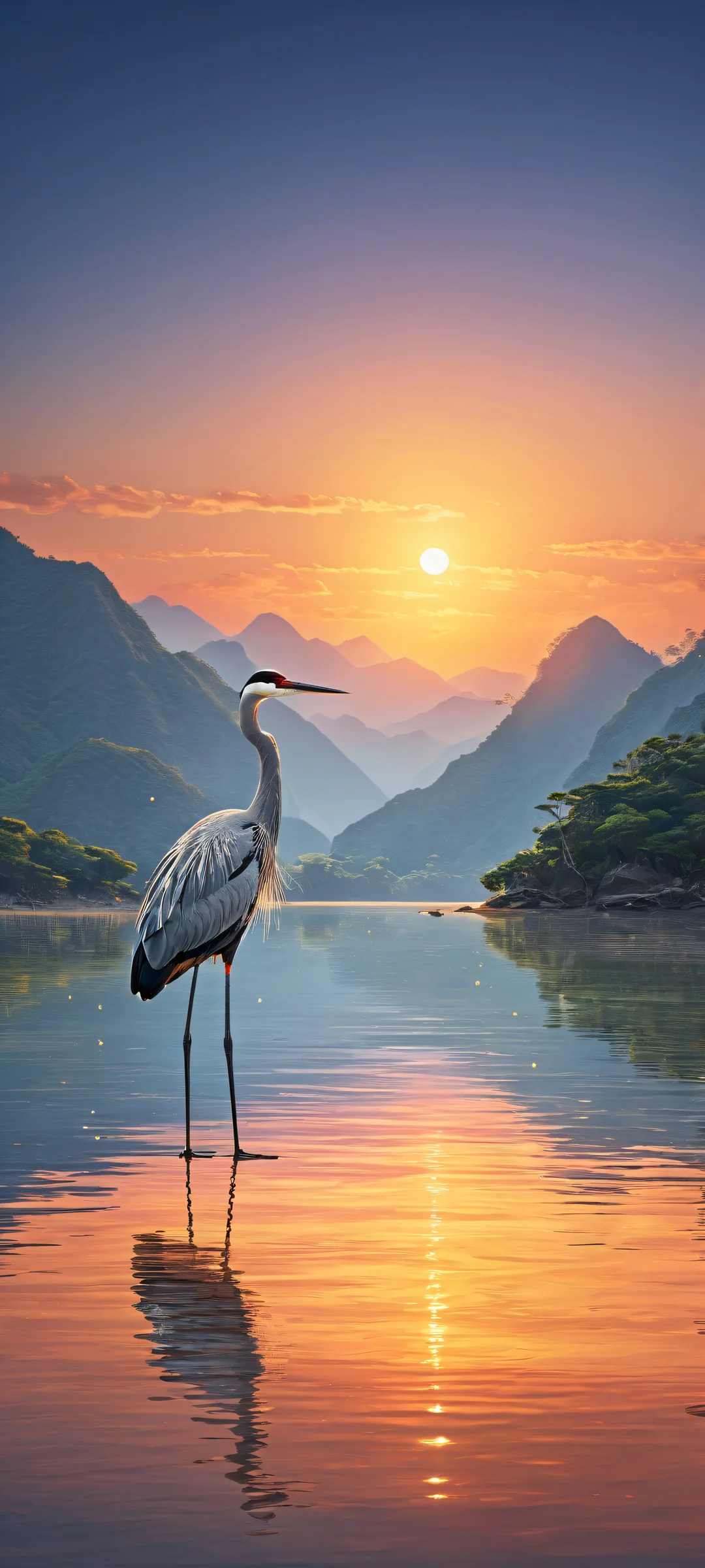 Breathtaking vertical portrait artwork of cranes placed in the lower-middle, intricately detailed Asian clothing and shallow water, perfectly clean top half with vast pure void, gradually transitioning to a serene river at dusk. Optimized for iPhone/Android home screens.