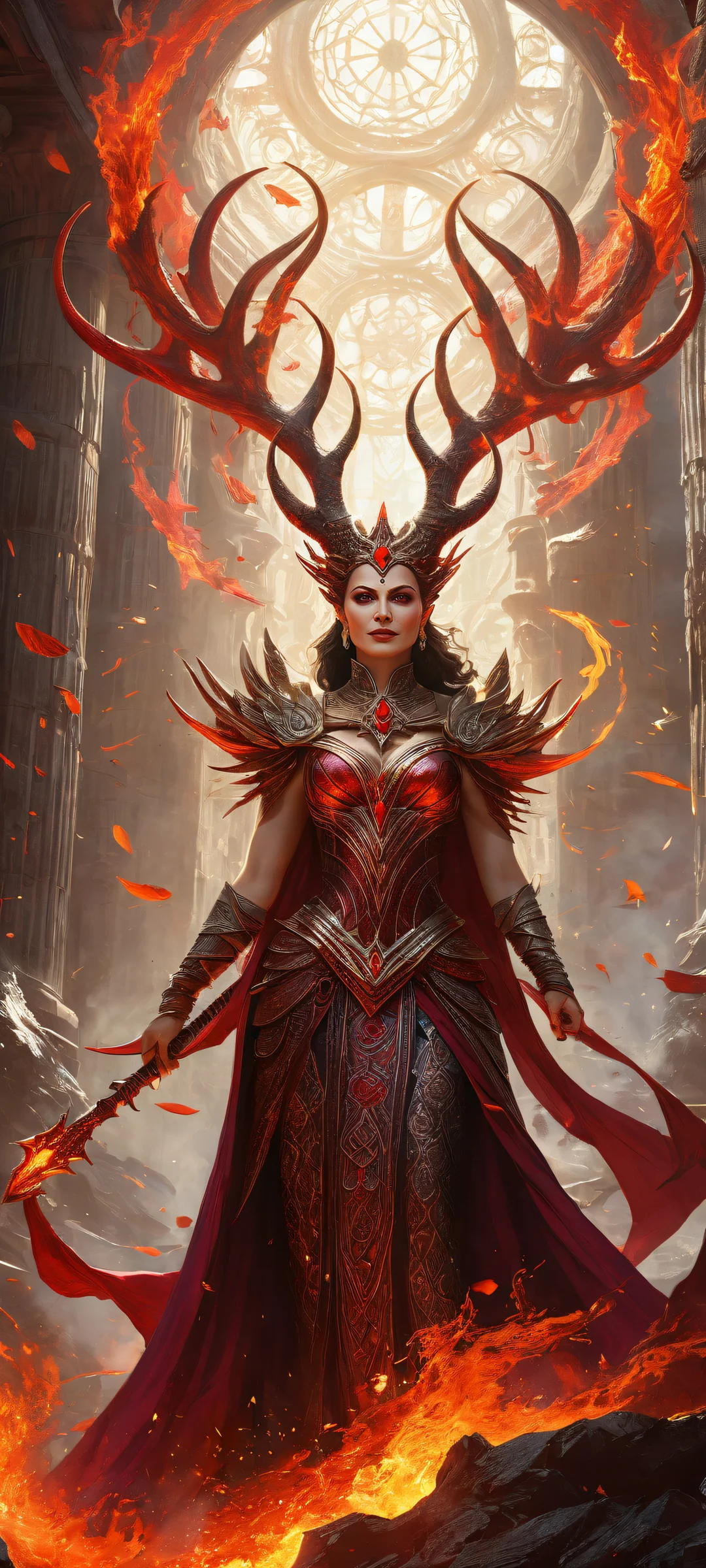 A stunning portrait of a horned queen amidst an apocalyptic storm, perfeitamente otimizado para telas iniciais de iPhone e Android.