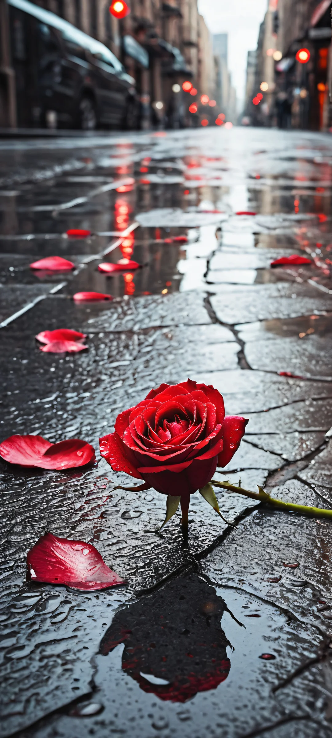 A crimson red rose on a wet city street with scattered petals and raindrops. Perfectly optimized for iPhone, Samsung Galaxy, and Android home screens.